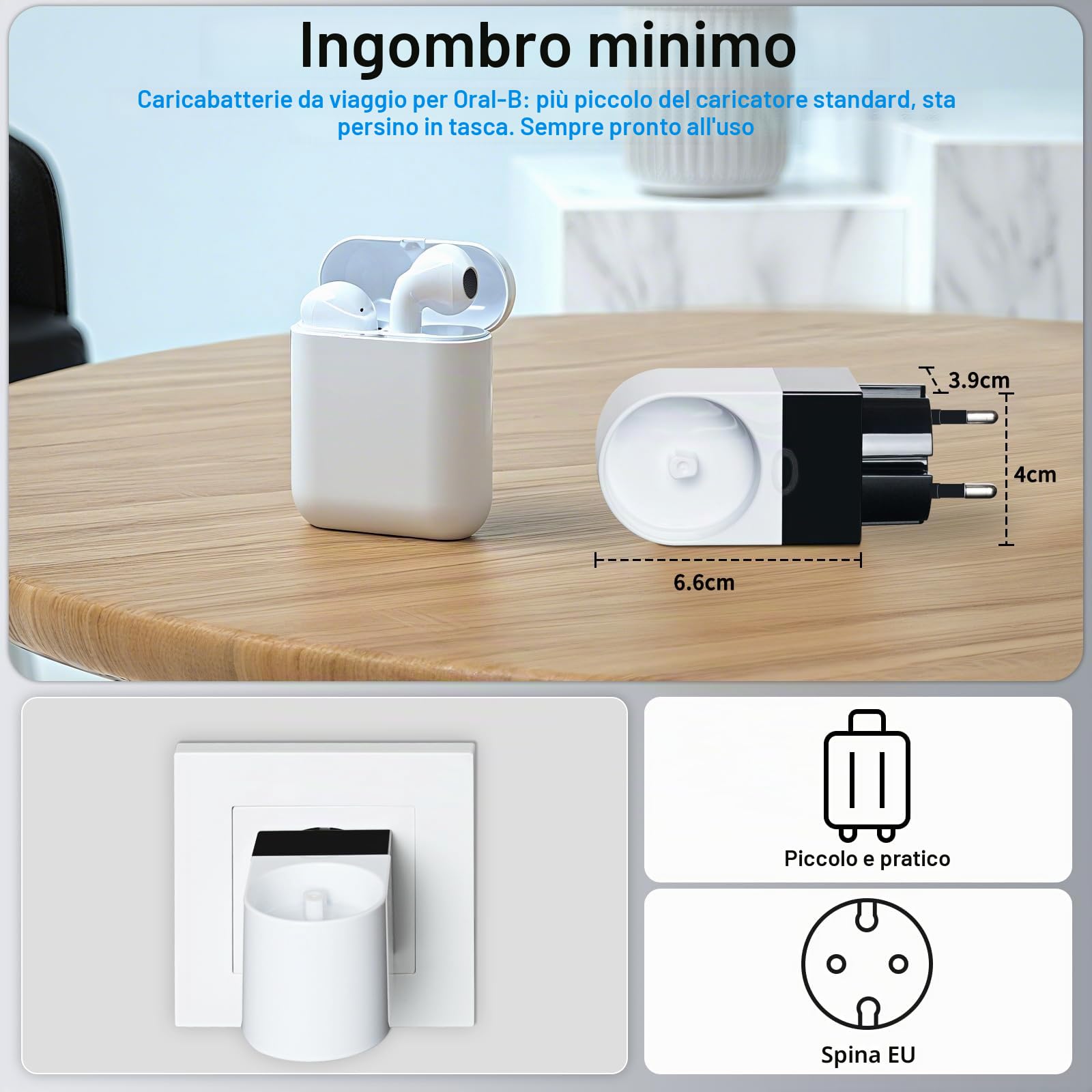 Teeteck Caricatore per spazzolini elettrici Oral-B, caricatore da parete con cavo riponibile, compatibile con Genius/Pro/Smart/Vitality/Kids/io2/io3/io4/io5/io6etc(tranne IO7/8/9/10 e Pulsonic) DE
