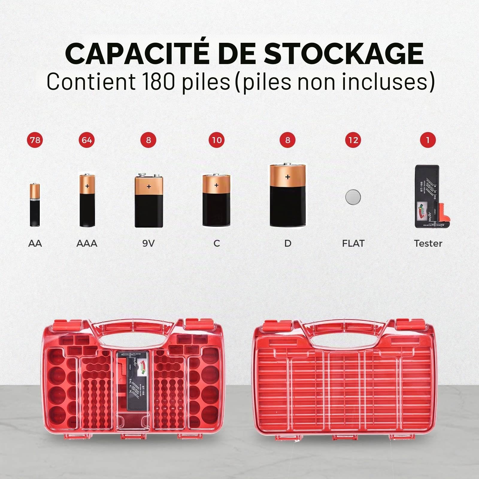 Boîte de rangement pour 180 piles AA, AAA, C, D, 9 V, rouge
