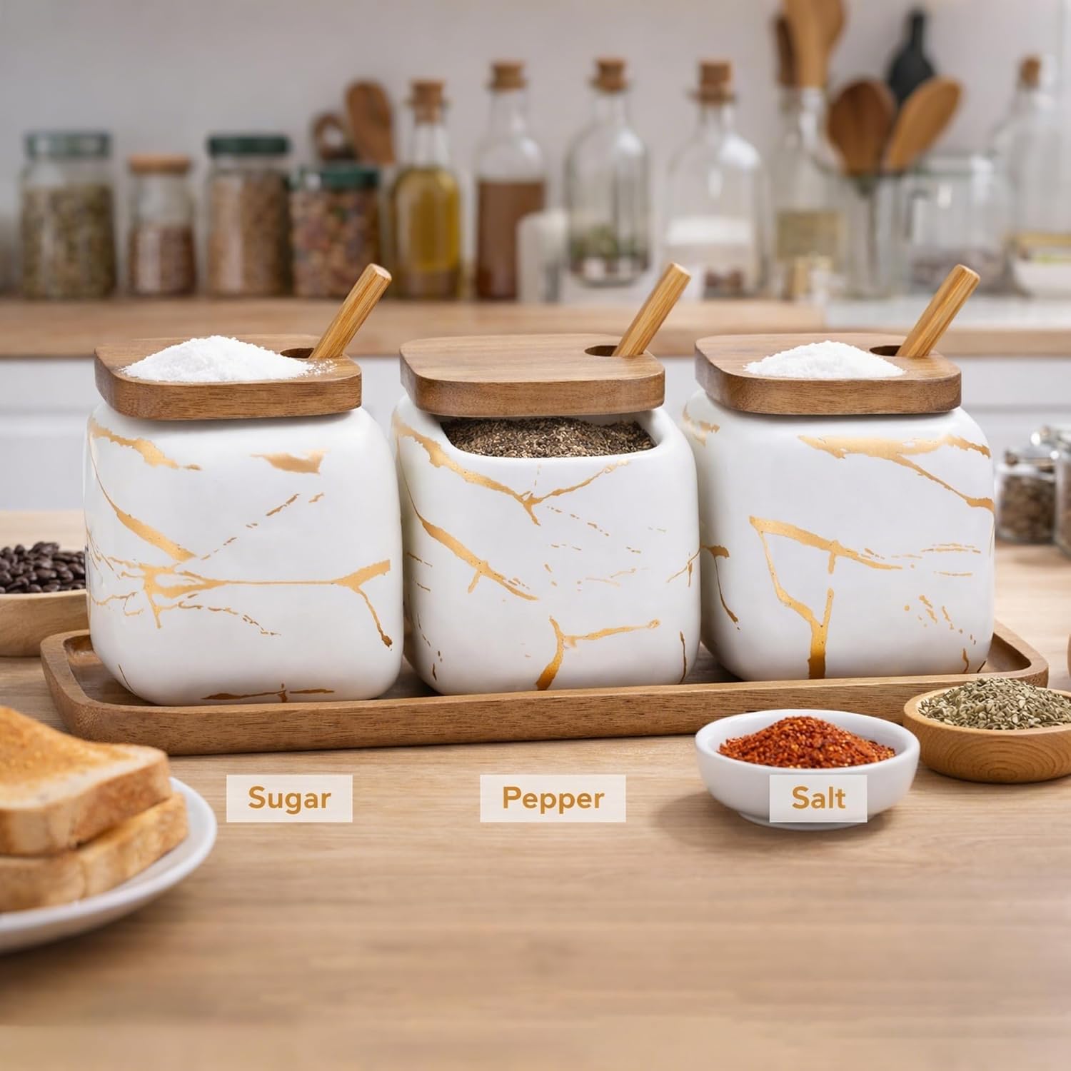 3 Pcs Sugar Bowls Ceramic Coffee Jar Set Ceramic Seasoning Jar with Lid Spoon and Tray/Food Storage Canister