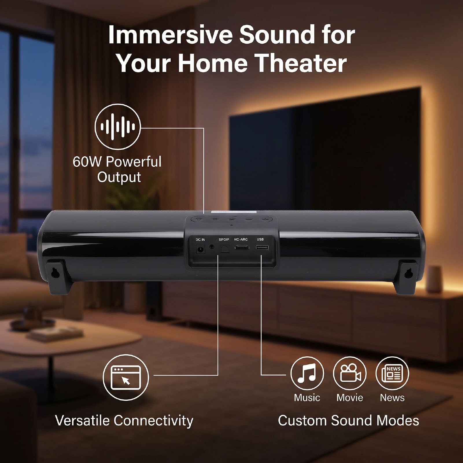 Altoparlante TV, Bluetooth 5.0 con HDMI ARC SPDIF USB AUX, Audio Surround da 60 W, modalità Notizie Film Musicali, Telecomando, per TV PC Telefono (Norma europea)