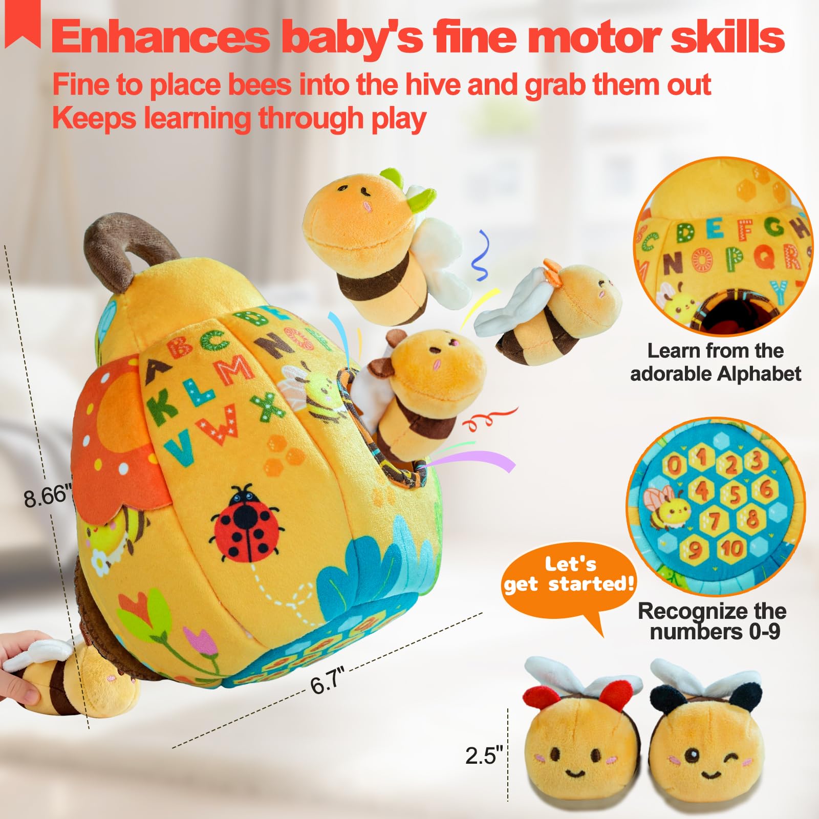 Baby Toys for Baby Infant 0-3-6-12 Months, Soft Beehive Toddlers Busy Toys with 5 Sensory Plush Bees - Bells, Crinkle, Rattles, Mirror & Textures, Stuffed Animals for Boy, Girl Christmas Birthday Gift