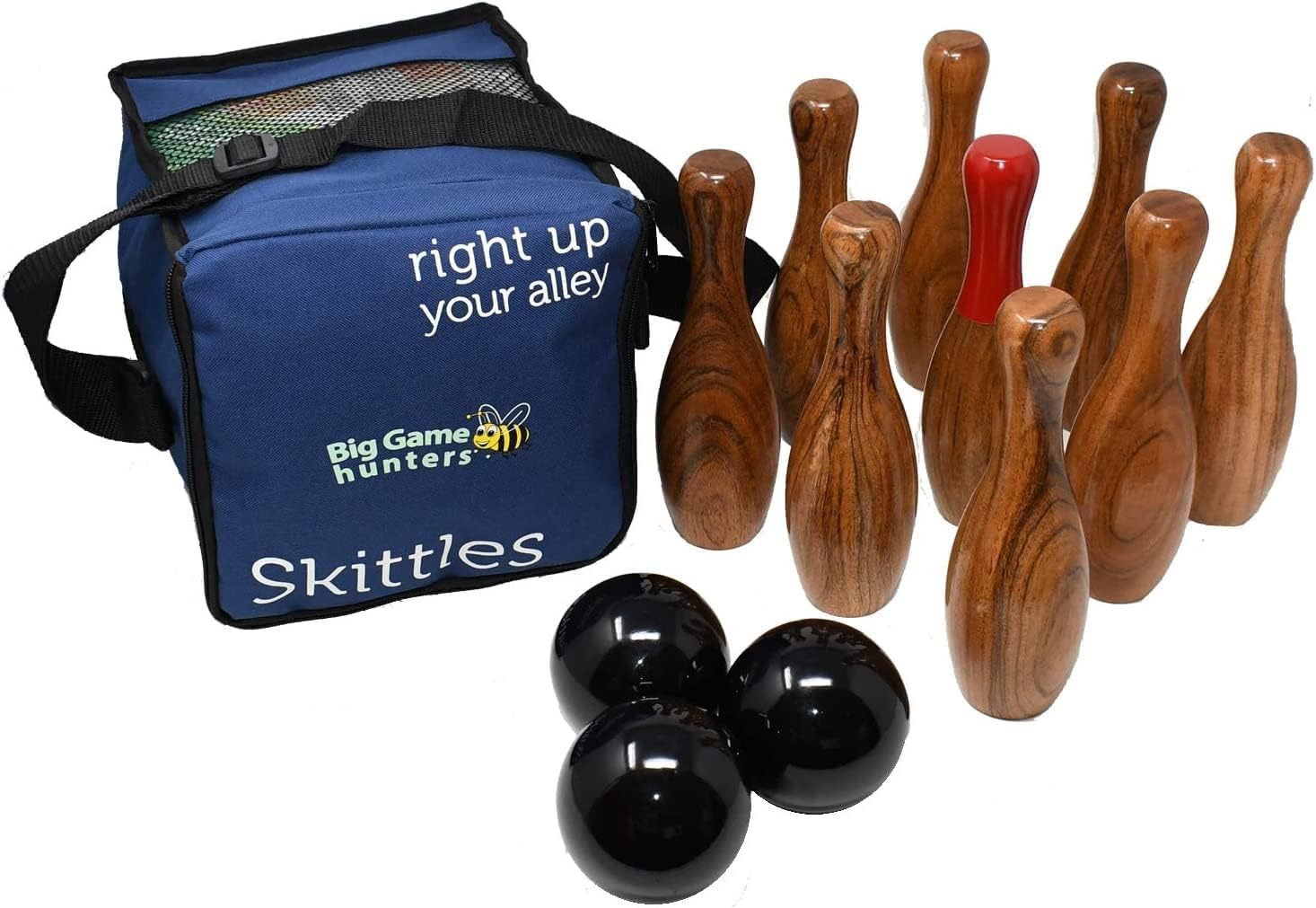 Big Game Hunters 206 Premium 9 Pin Polished Hardwood Set in a Handy Carry Bag Wooden Skittles