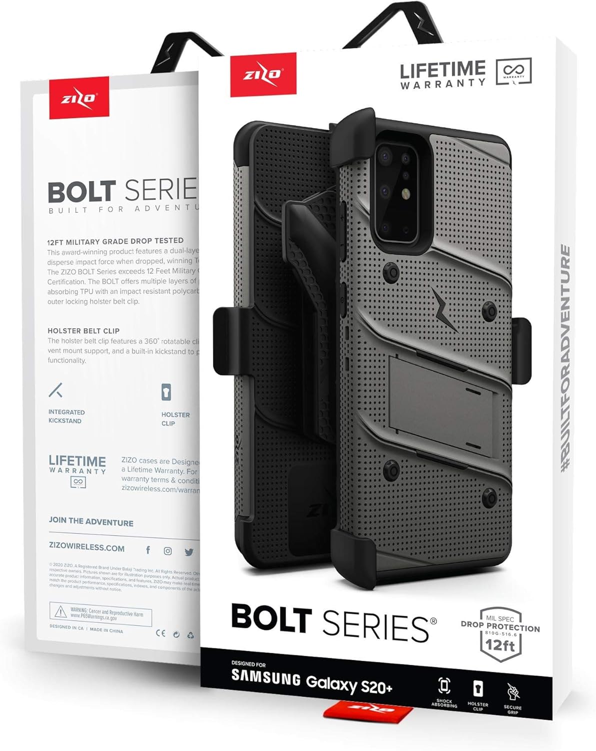 ZIZO Bolt Series for Galaxy S20 Plus Case with Kickstand Holster Lanyard - Metal Gun Gray