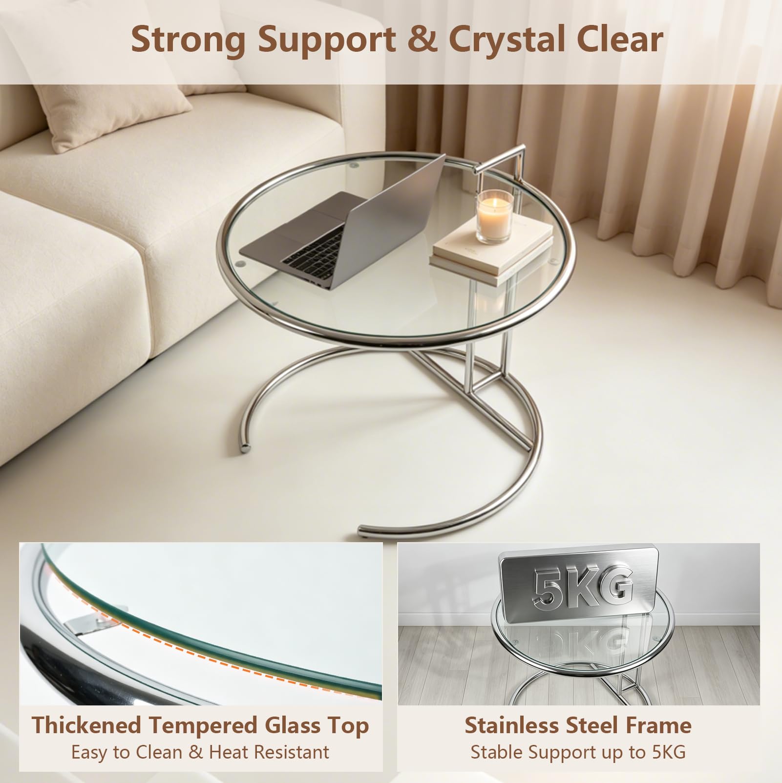 Mesa Auxiliar Redonda De Cristal, Mesa De Centro En Forma De C, Marco De Acero Inoxidable, Altura Regulable Hasta 66-91 Cm, Mesa De Cristal Para Salón, Tapa De Vidrio, Color Plateado
