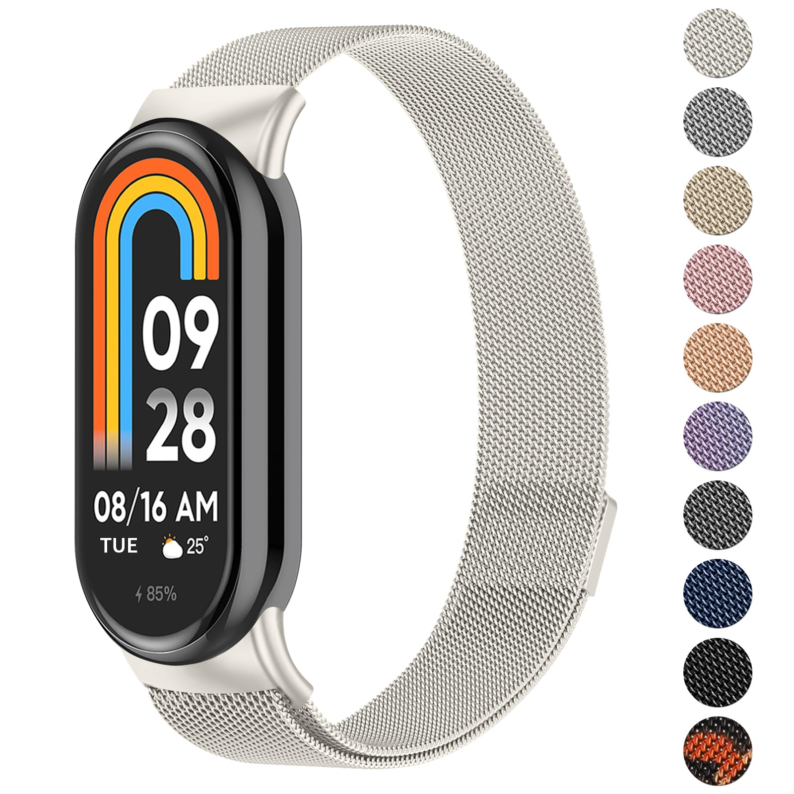 Tobfit Metal Strap for Xiaomi Smart Band 10/Mi Band 9/8, Breathable Stainless Steel Mesh Loop Adjustable Metal Replacement Bands Starlight