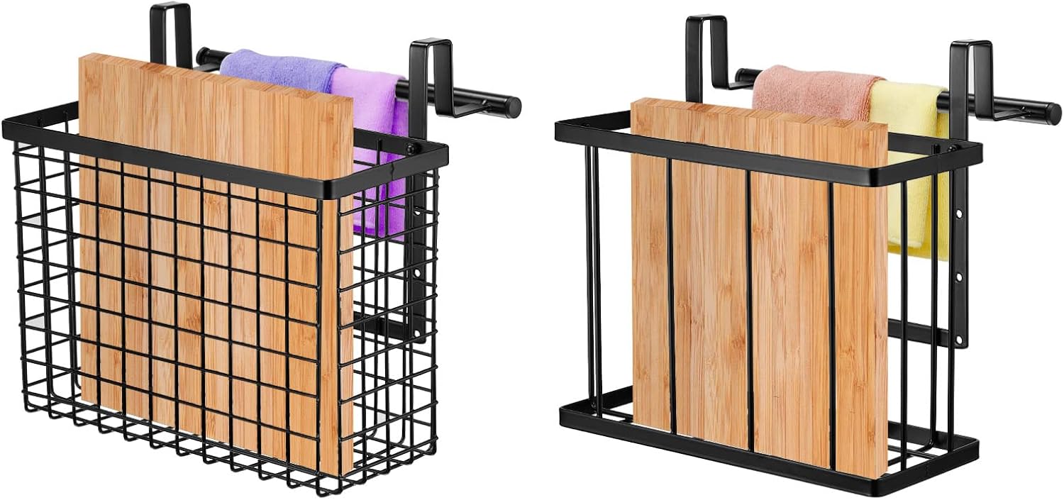 uxcell 2 Pack Cabinet Door Organizer, Cutting Board Organizer with Towel Bar, Metal Wire Baskets with Hooks, Over Cabinet Door Organizer for Kitchen, Pantry Bathroom Storage, White