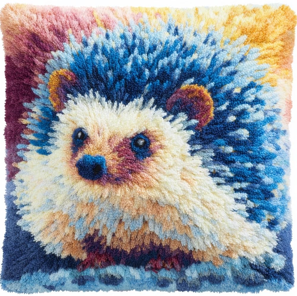 kitphoenix Latch Hook Kits, Latch Hook Kit for Beginners Watercolor Hedgehog Animal Throw Pillow Cover Pattern Printed Sofa Cushion Crochet Needle for Carpet Embroidery 17X17Inch