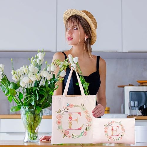 Miniatura 5 de boutikpro Bolsa de lona personalizada con inicial floral con cremallera, bolsa de monograma, bolsa de cosméticos, regalo para mujeres, dama de honor