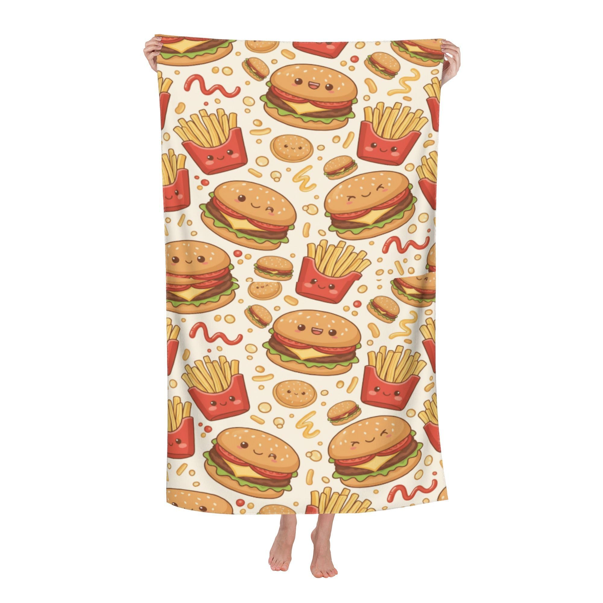 peiyeety Hamburgers and French Fries Soft Bath Towels Absorbent Bathroom Towel for Beach Hotel Gym Spa Shower
