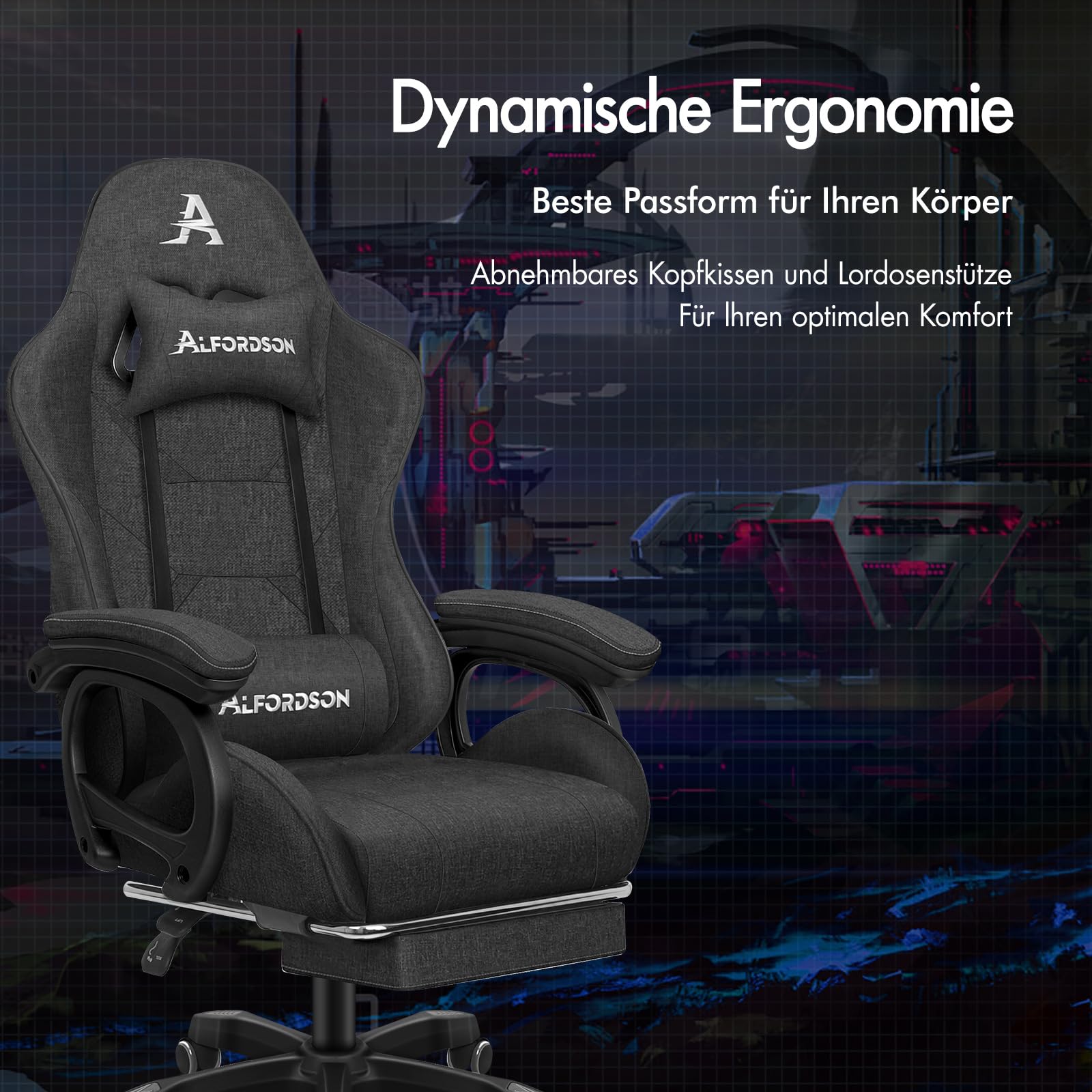ALFORDSON Gamingstuhl, Bürostuhl, mit 2-Punkt-Massage, Fußstütze, Kopfstütze und Lendenkissen, 150° verstellbare Rückenlehne, Leinen Fabric, Dunkelgrau