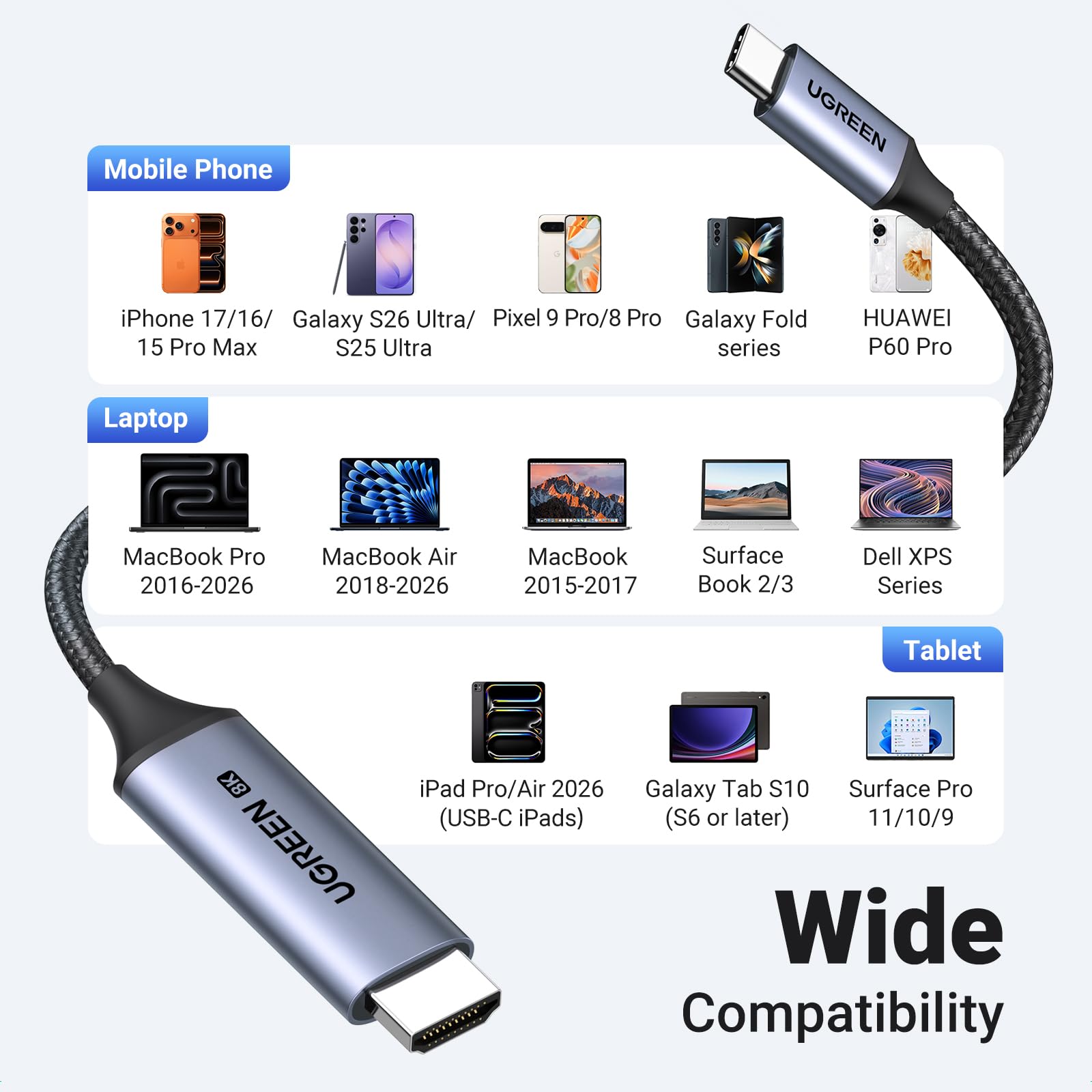 UGREEN USB C do kabla HDMI 2.1 8K@60Hz 4K@240Hz Ultra High Speed HDR HDCP 2.3 Thunderbolt 4/3 3M