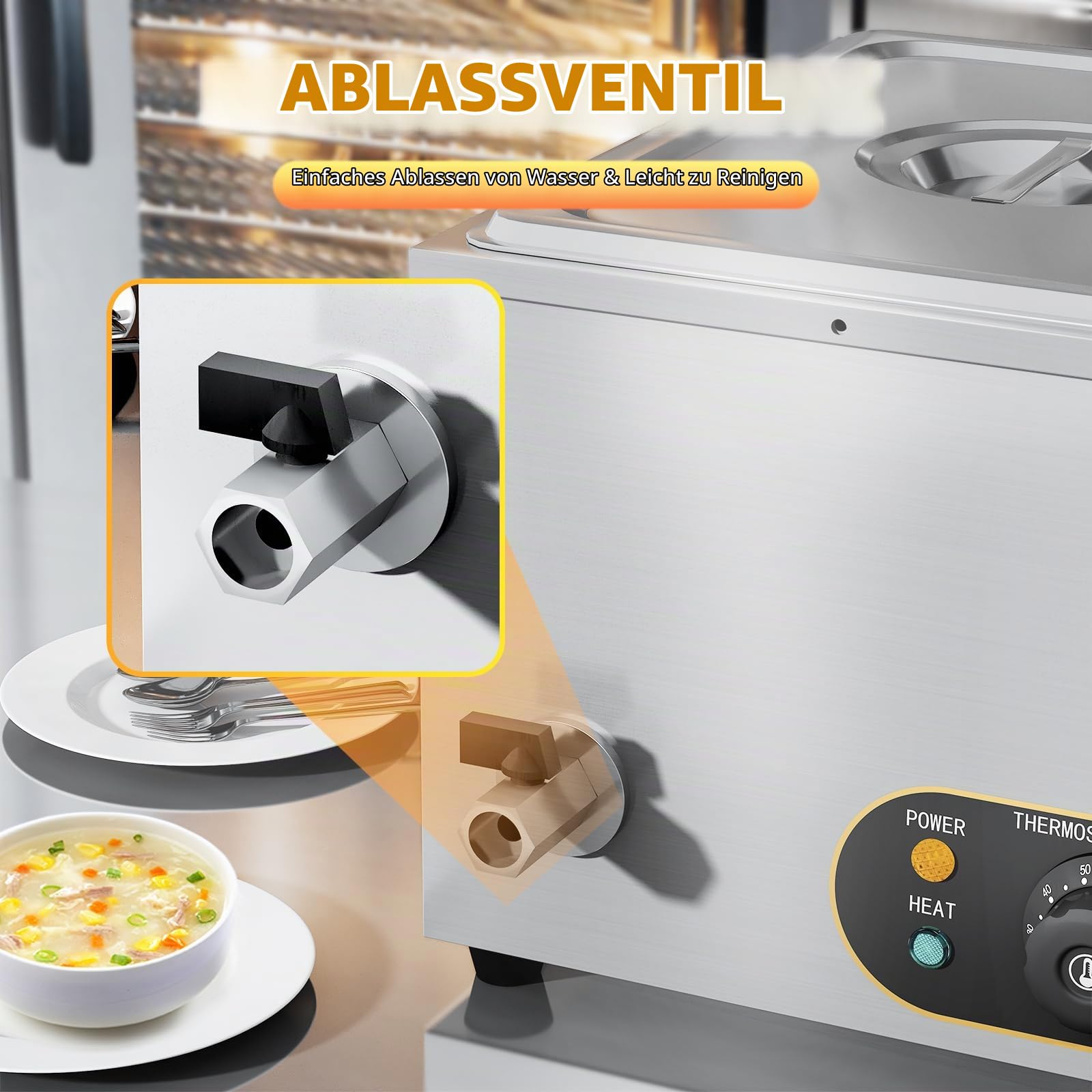 Elektrische Speisenwärmer Bain Marie Gastro GN-Behältern Warmhalter Edelstahl mit Ablaufhahn Elektrischer Buffetwärmer Wasserbad