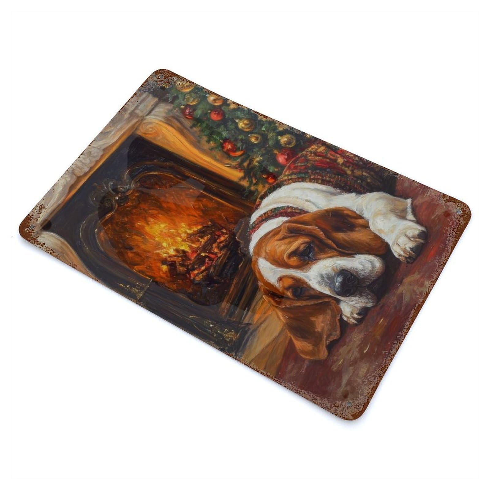 Basset Dog Christmas Print Dog by Fireplace at Christmas Rusty Metal Tin Sign 11.8"x7.9", Ideal for Farmhouse, Kitchen And Entryway Decor