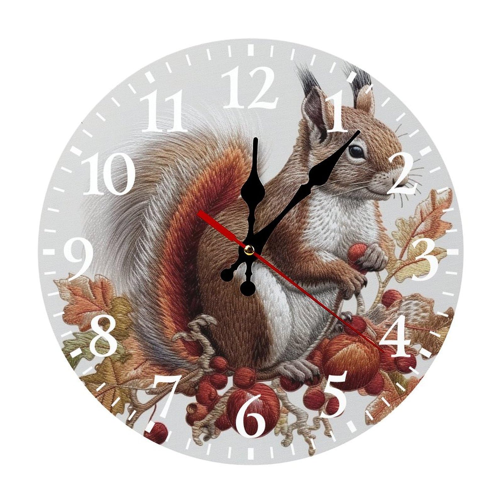 NTVOWPZO 10 Inch Wall Clock Leaves and Squirrel Battery Operated Wall Clocks Silent Non-Ticking Round Wall Clock for Living Room Kitchen Home Office Wall Decorative Clock