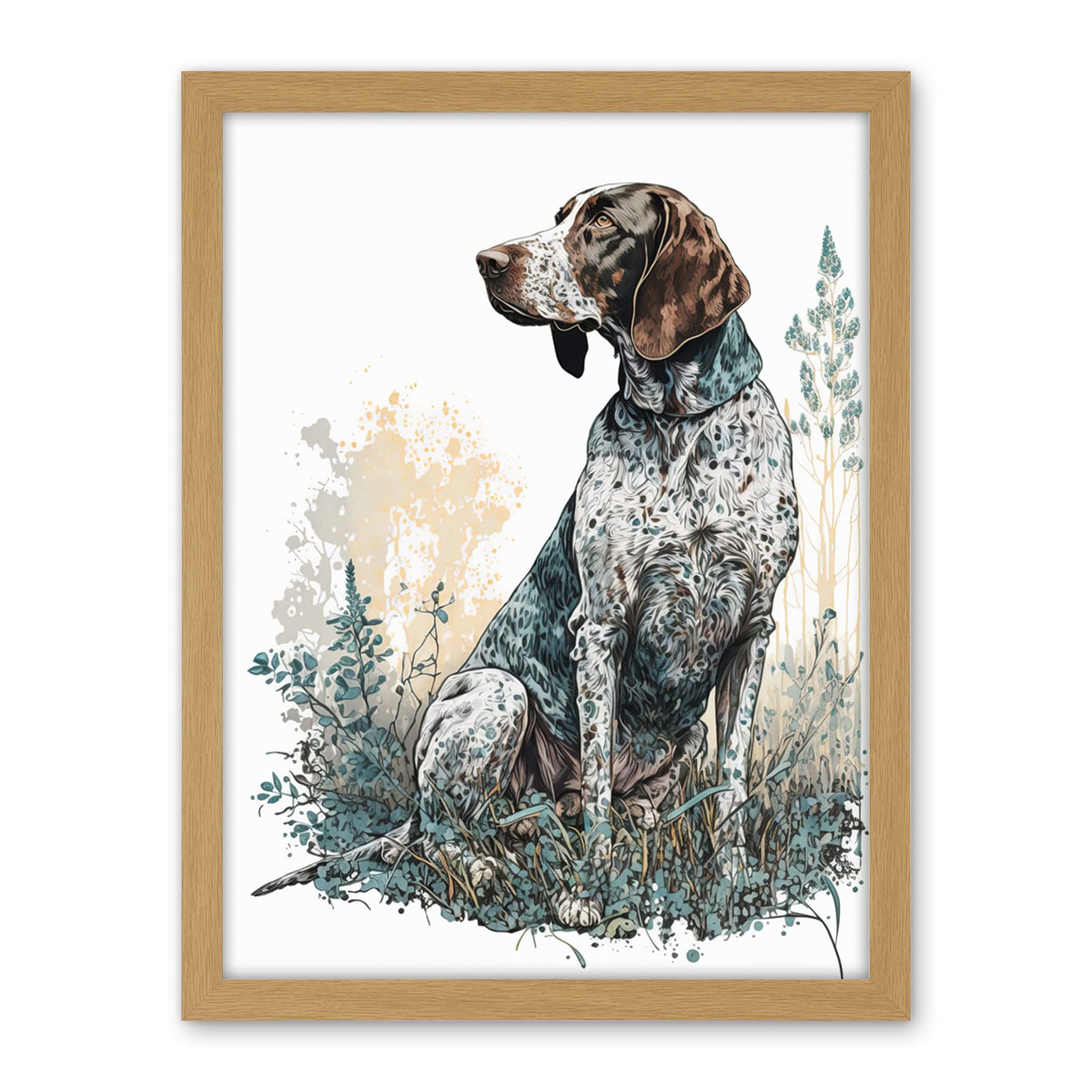 Artery8 German Pointer Dog Sitting in Field Modern Detailed Illustration Artwork Framed Wall Art Print 18X24 Inch