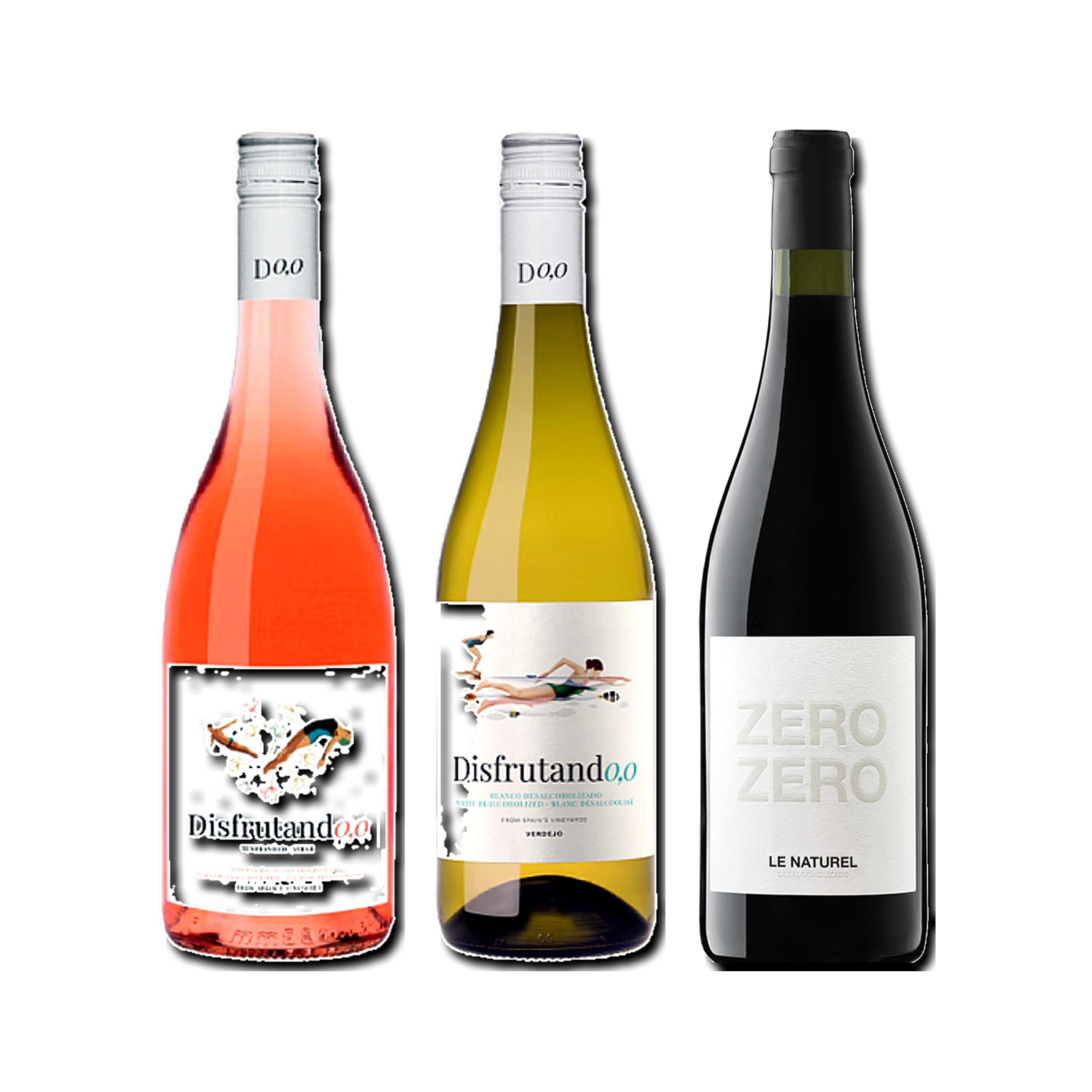 vino sin alcohol 0,0 Disfrutando 0,0 Rosado, Disfrutando 0,0 Blanco y Le Naturel Zero Zero Tinto pack de 3 botellas 75cl