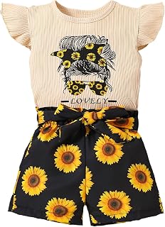 Axumity Kid Toddler Girl Clothes Summer Ruffle Sleeve Figure Graphic Shirt + Shorts Summer Outfits Set