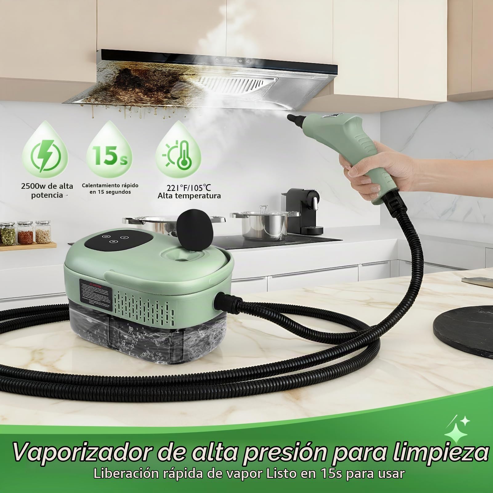 Limpiador a vapor, 2500 W, 3 bares de presión y 105 °C de alta presión, limpiador de vapor de mano para uso doméstico, máquina de limpieza a vapor de alta temperatura para cocina, baño, azulejos