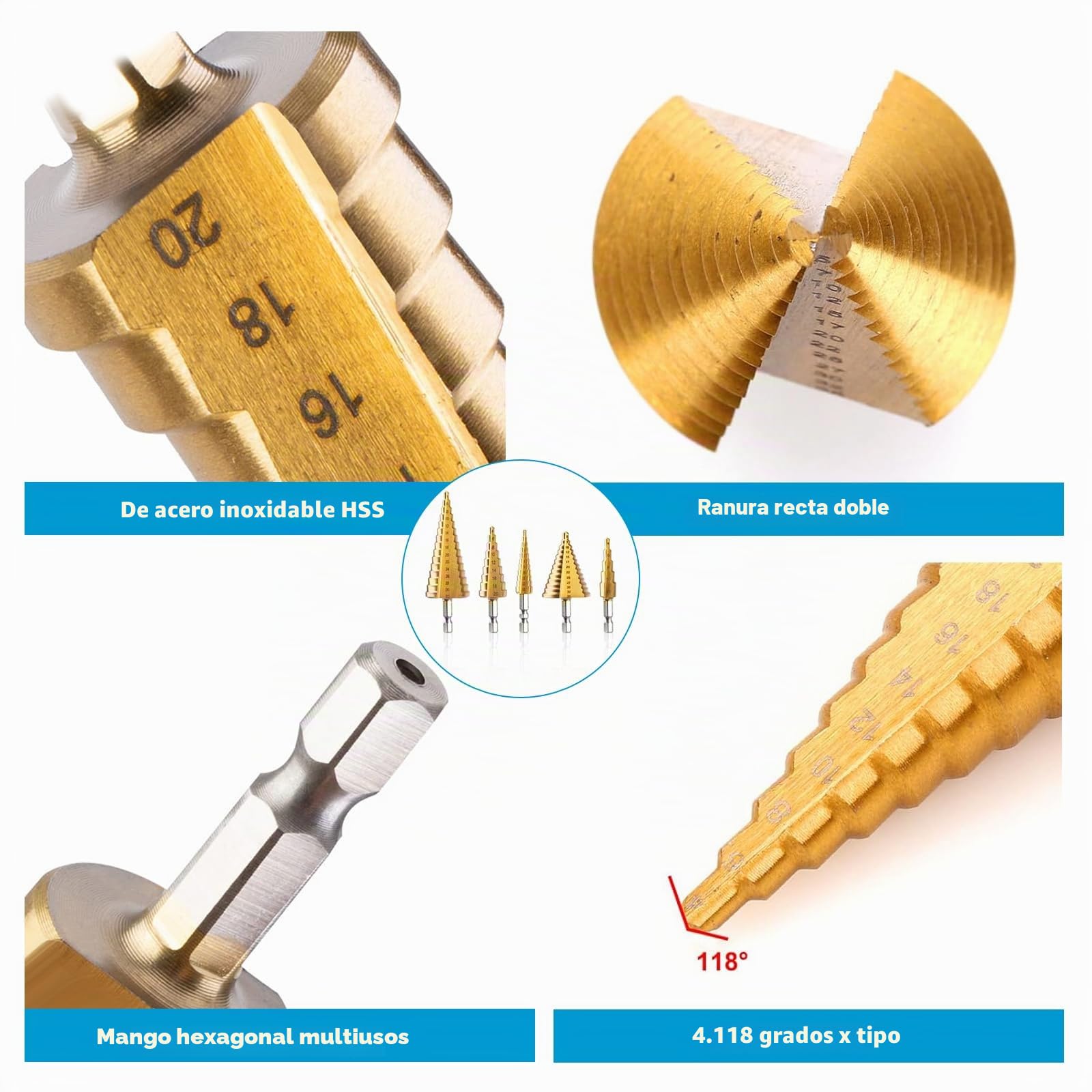 Genossen Broca Escalonada, 5pcs Brocas Cónicas HSS Titanio,（4-12mm, 3-13mm, 4-20mm, 4-32mm, 5-35mm）+1 perforadora central automática, acero de alta velocidad, revestimiento de titanio, para DIY madera