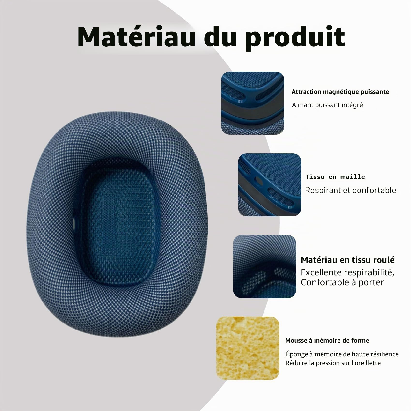 Coussinets de Rechange pour écouteurs AirPods Max 2024 - en Maille Confortable - avec éponge à mémoire de Forme élastique - Bleu