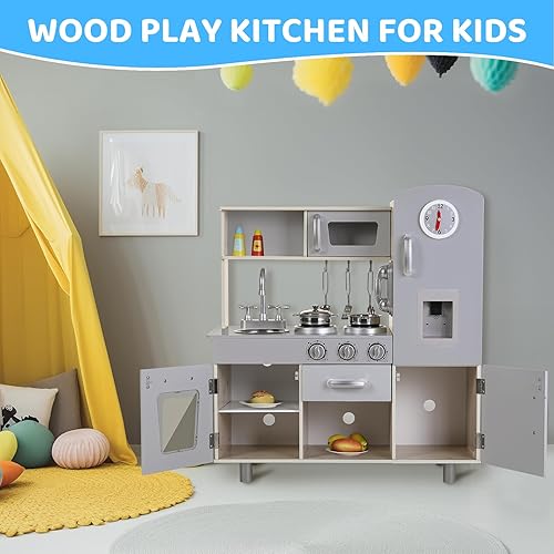 Miniatura 6 de Juego de cocina de madera para niños, niños pequeños, cocina vertical con teléfono, estufa, horno, fregadero, microondas, para preescolares, a