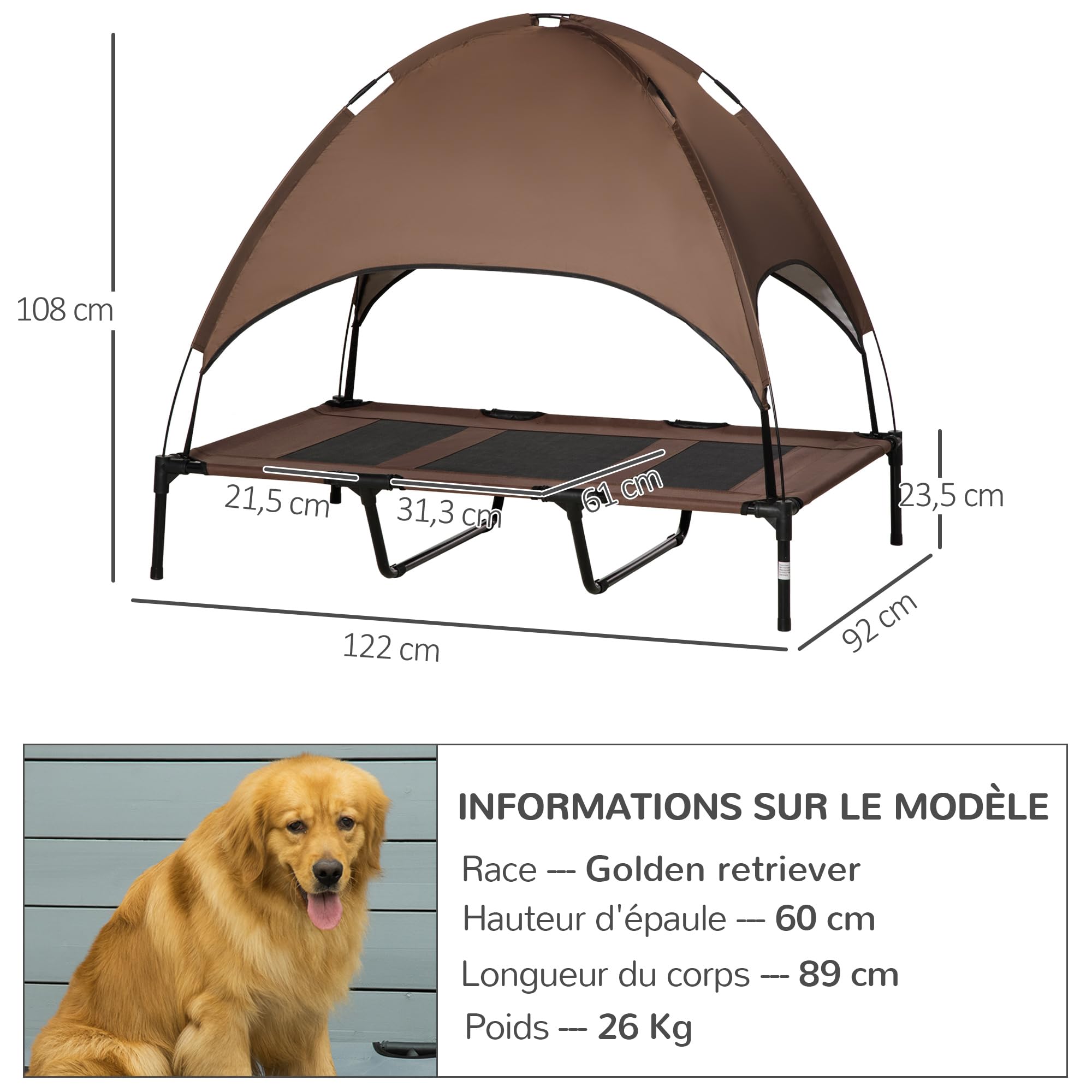 PawHut Lit pour Chien Chat sur Pieds Grand Confort Velum Anti-UV Tissu Oxford Micro-perforé + Parasol + Sac de Transport Inclus Marron Noir