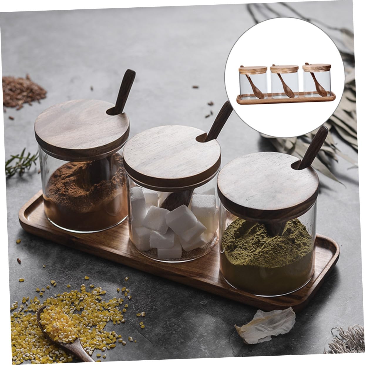 TOYANDONA Barattoli per Spezie e Vassoio in Vetro Set di 3 Cucchiaio con Coperchio in Legno Contenitori Multifunzione per Condimenti, per Uso Domestico in Cucina