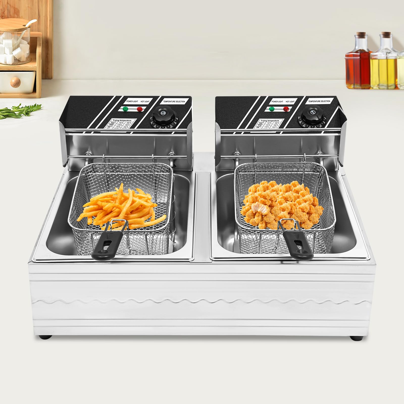 Friggitrice a olio da 12 l, 2 x 2500 Watt, in acciaio inox, doppia friggitrice con cestello, regolazione della temperatura 60-200 °C, friggitrice per ristorante, snack bar