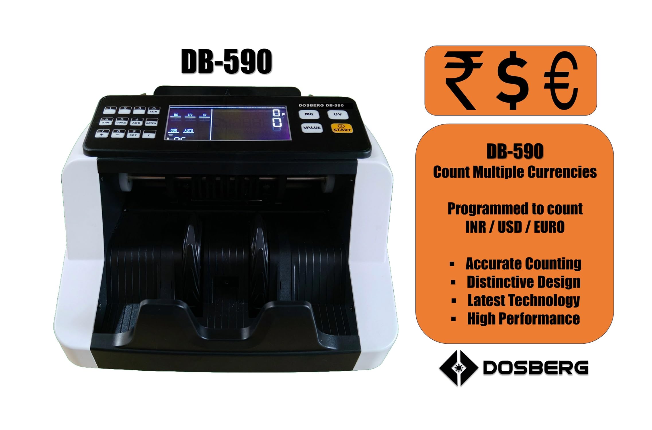 Dosberg DB-590 Automatic Note Counting Machine with Fake Currency Detection I Add, Batch, Value Add Count Modes I Retail, Bank and Business Use I Cash Counting Expert 1