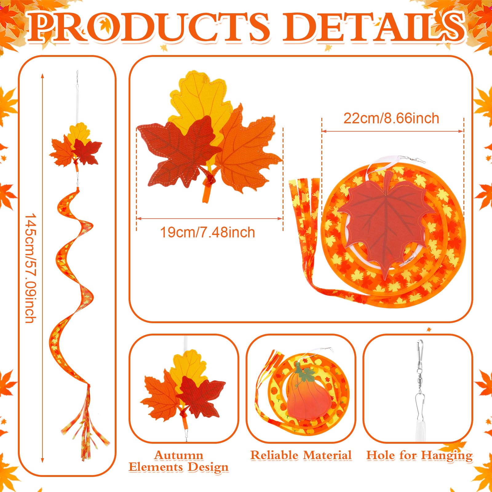 Beeveer Lot de 4 filets à vent d'automne à suspendre en nylon pour l'automne et l'extérieur - 145 cm - Manche à air en forme de feuille d'érable - Citrouille - Décorations d'automne et de Thanksgiving