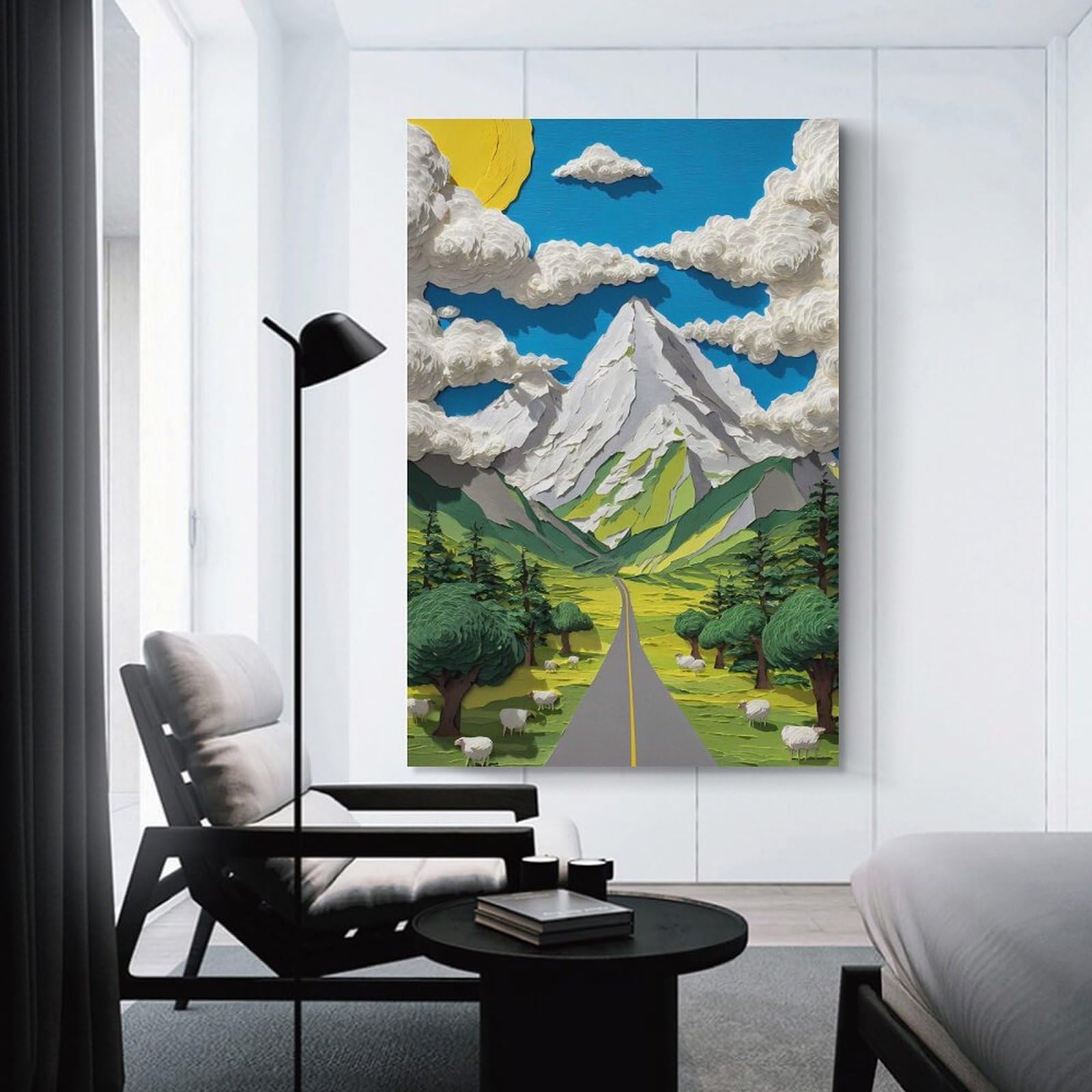 Junmoney Papercraft Mountain Landscape with Sheep Decorative Wall Artwork 20x30inch(50x75cm), for Living Room, Lounge Or Sitting Room, A Home Accent with Warm Character