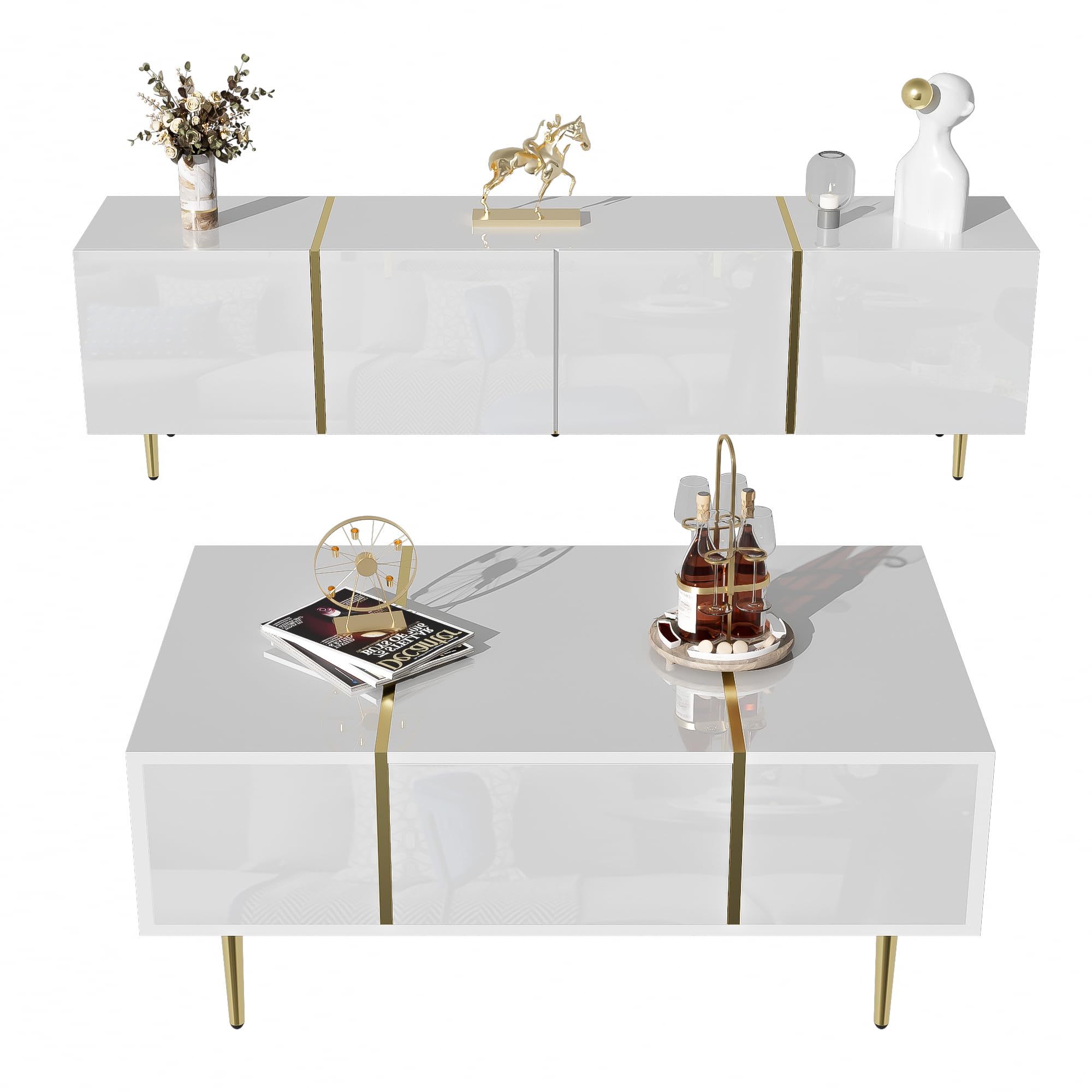 Generisch Moderner TV-Schrank mit Couchtisch Set in Hochglanz Weiß & Gold – 4 Türen, 2 Schubladen, Soft-Close, Staubsaugerroboterfreundlich, XL-Stauraum für Wohnzimmer