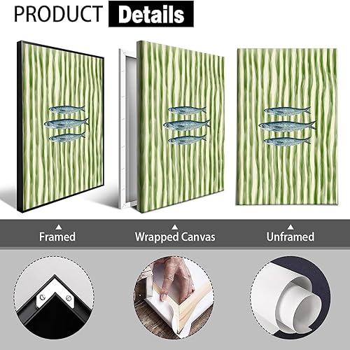 Miniatura 2 de Divertidos pósteres de lienzo de sardinas con diseño de peces a rayas verdes, arte de pared retro y moderno, impresiones estéticas de alimentos para