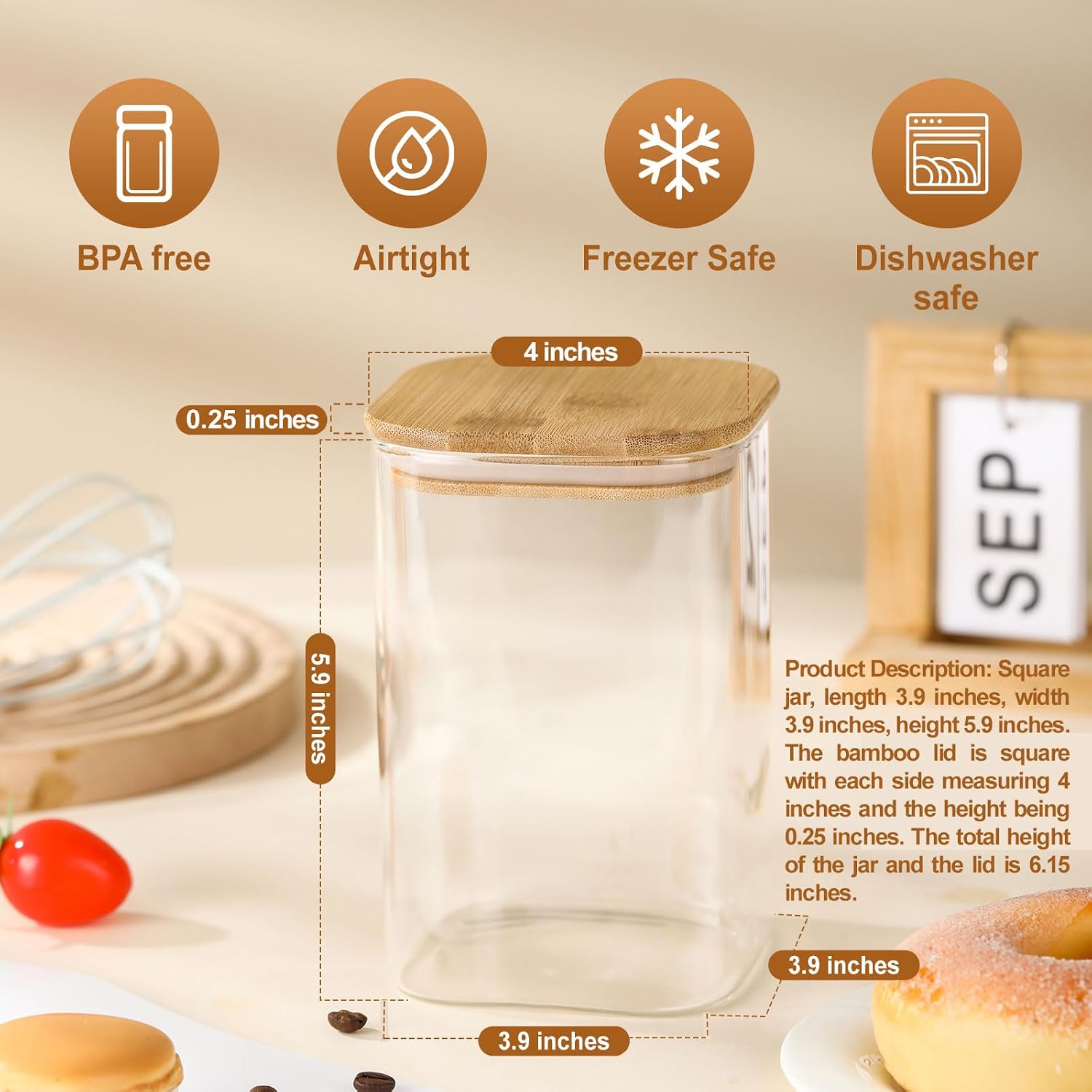 3-Pack Glass Storage Square Jars with Bamboo Lids Single 32 fl oz/950ml,Glass Canister Set, Airtight Containers for Kitchen Dry Goods, Coffee, Tea, Sugar,Flour,Candy, Cookie,Pasta