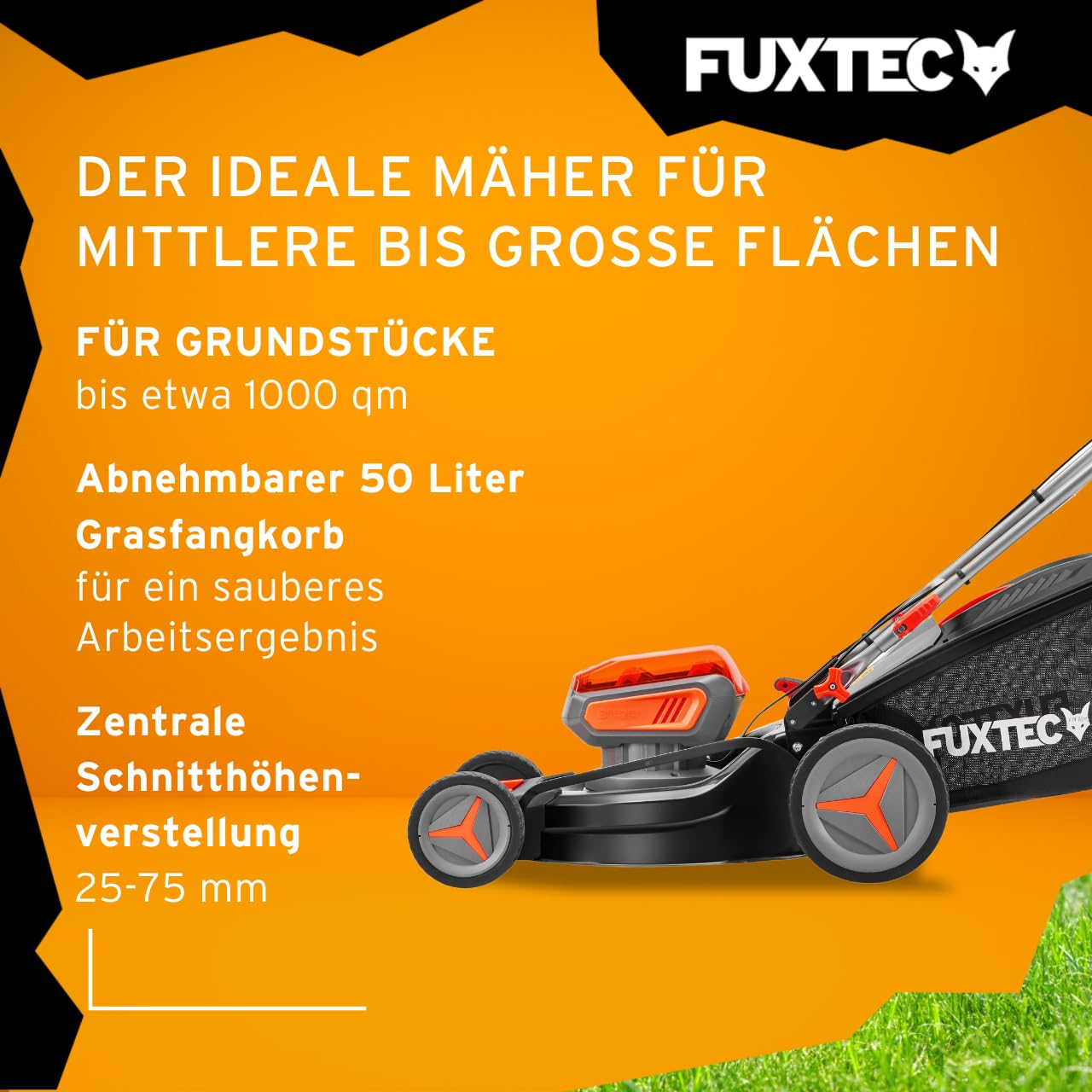 FUXTEC 4in1 Akku Rasenmäher 40V (2x20V) FX-E2RM46 inkl. 2x20V Li-Ion Batterie 4Ah & Doppelladegerät – Schnittbreite 46cm, Schnitthöhe 25-75mm & 50L Grasfangkorb – mit Mulch-Funktion und Seitenauswurf