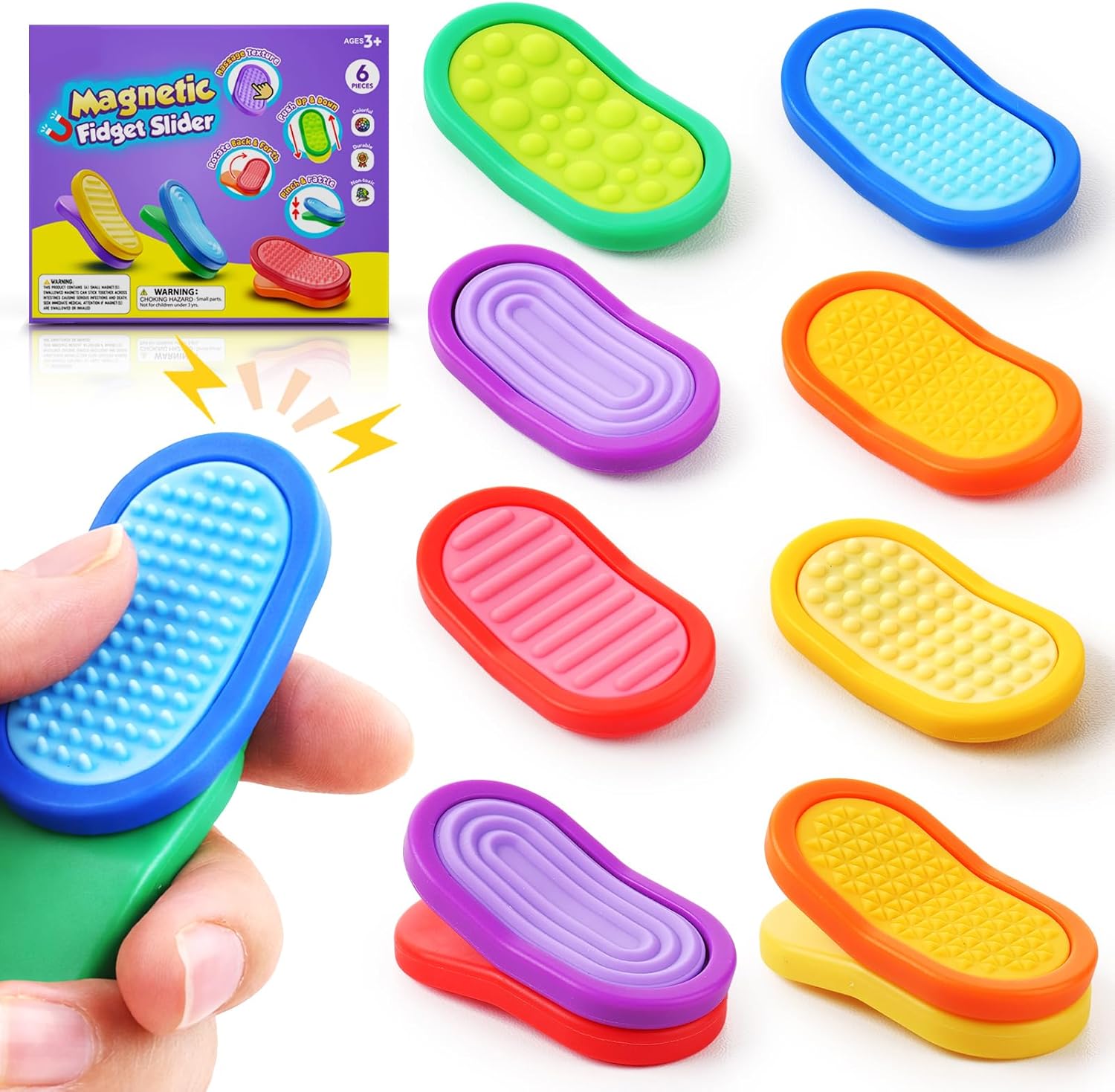 Fidget Sensory Toys for Kids- 6 Pack Silicone Textured Sensory Slider for Kids Calming - Magnetic Fidget Toys for Students Stress Relief - ADHD Small Fidget Toys for Classroom Prizes