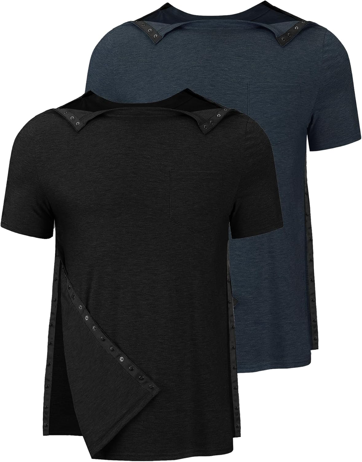 Men's Post Shoulder Surgery Recovery Shirts Tear Away Short Sleeve Full Open Side Snap Dialysis Chemo Clothing