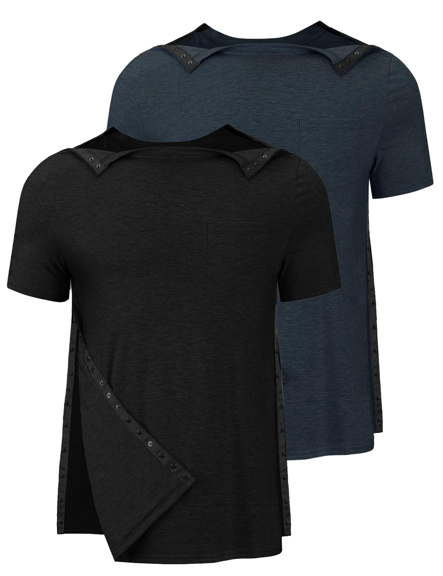 Tfovorlein Men's Post Shoulder Surgery Recovery Shirts Tear Away Short Sleeve Full Open Side Snap Dialysis Chemo Clothing