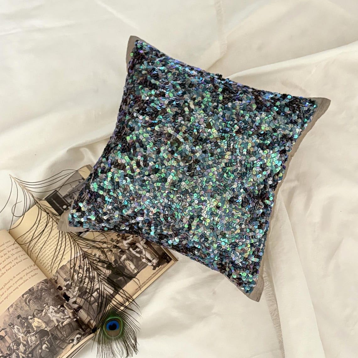 The HomeCentric Cushion Covers for Couch, Decorative Blue 16"x16" (40x40 cm) Throw Pillow Cover for Sofa, Silk Sequins & Peacock Pillowcase with Zipper, Abstract Modern - Dazzling Flora