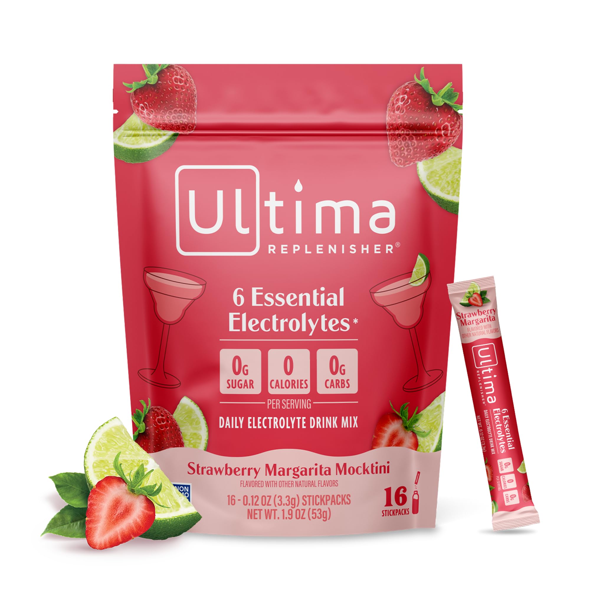 Ultima Replenisher Strawberry Margarita Electrolyte Powder Stick Packs, 16 Count | Sugar Free Hydration with 6 Key Electrolytes - main product image