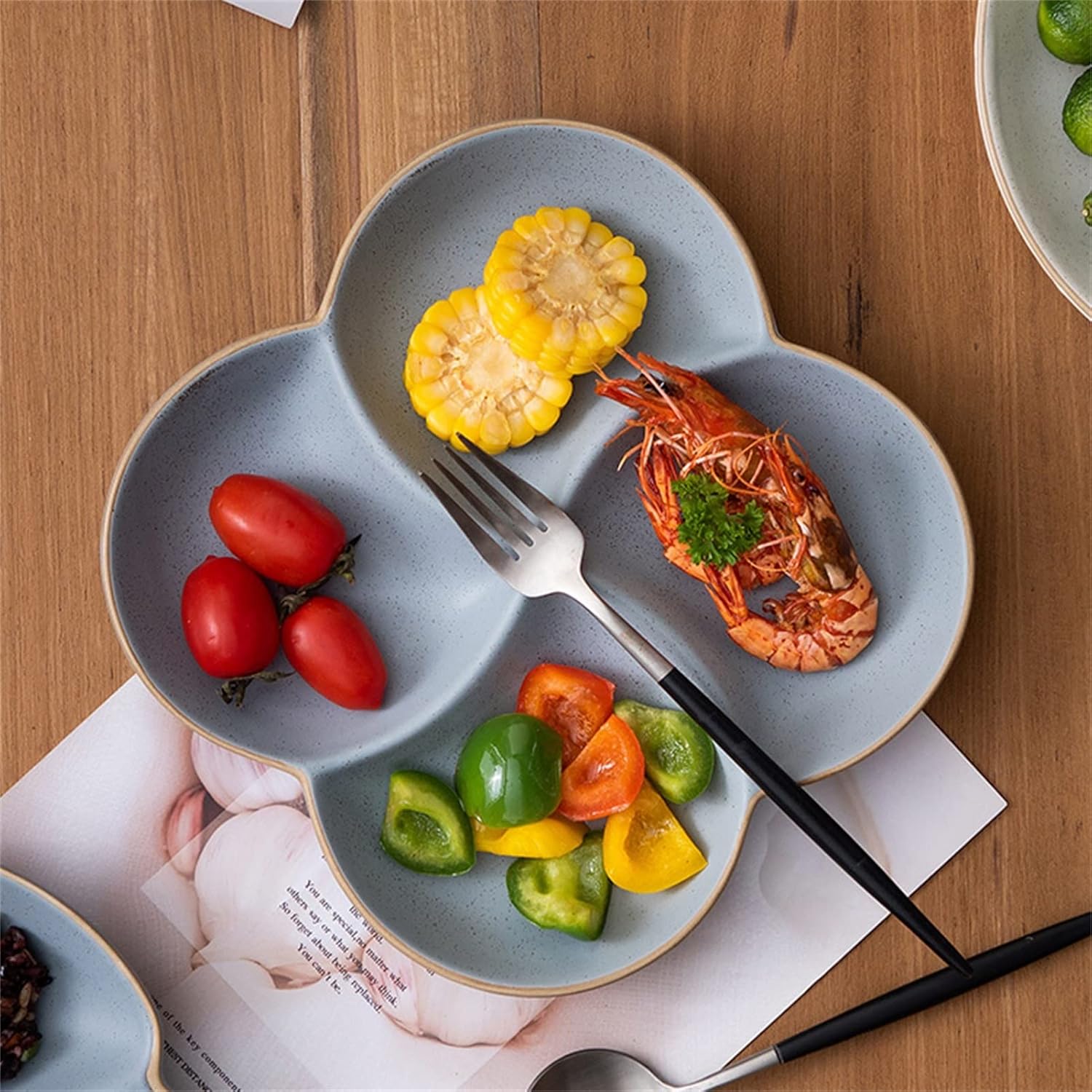 Weight Management Tableware - 8.6“ Rustic 4 Section Compartment Divided Plates Ceramic Quantitative Fat Loss Plate for Balanced Eating - 1Pc (Color : Beige)
