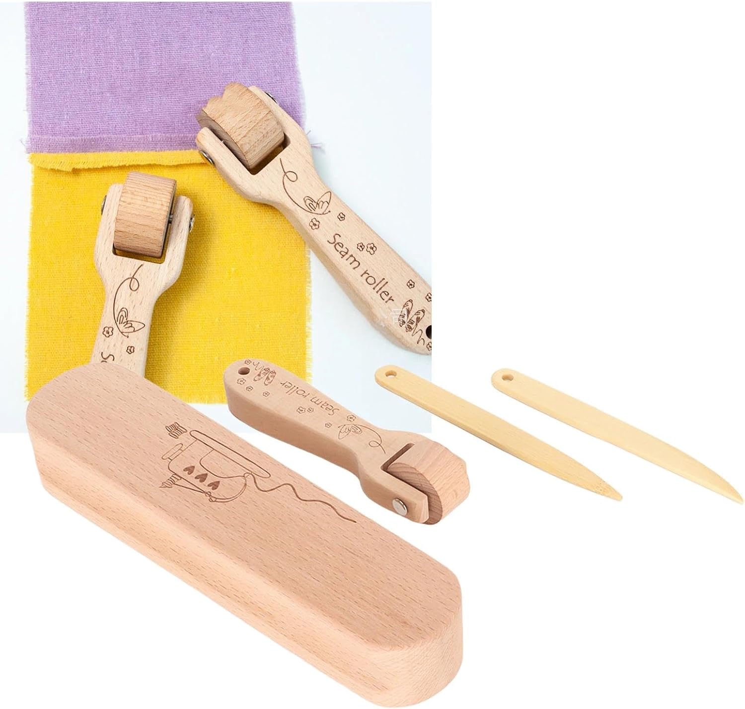 4Pcs Tailors Clapper Set, Solid Wood Clapper Sewing Set, Clapper Sewing Quilting Tool Set with Seam Roller, Point Turner Sewing Tool for Sewing, Quilting, Household Ironing