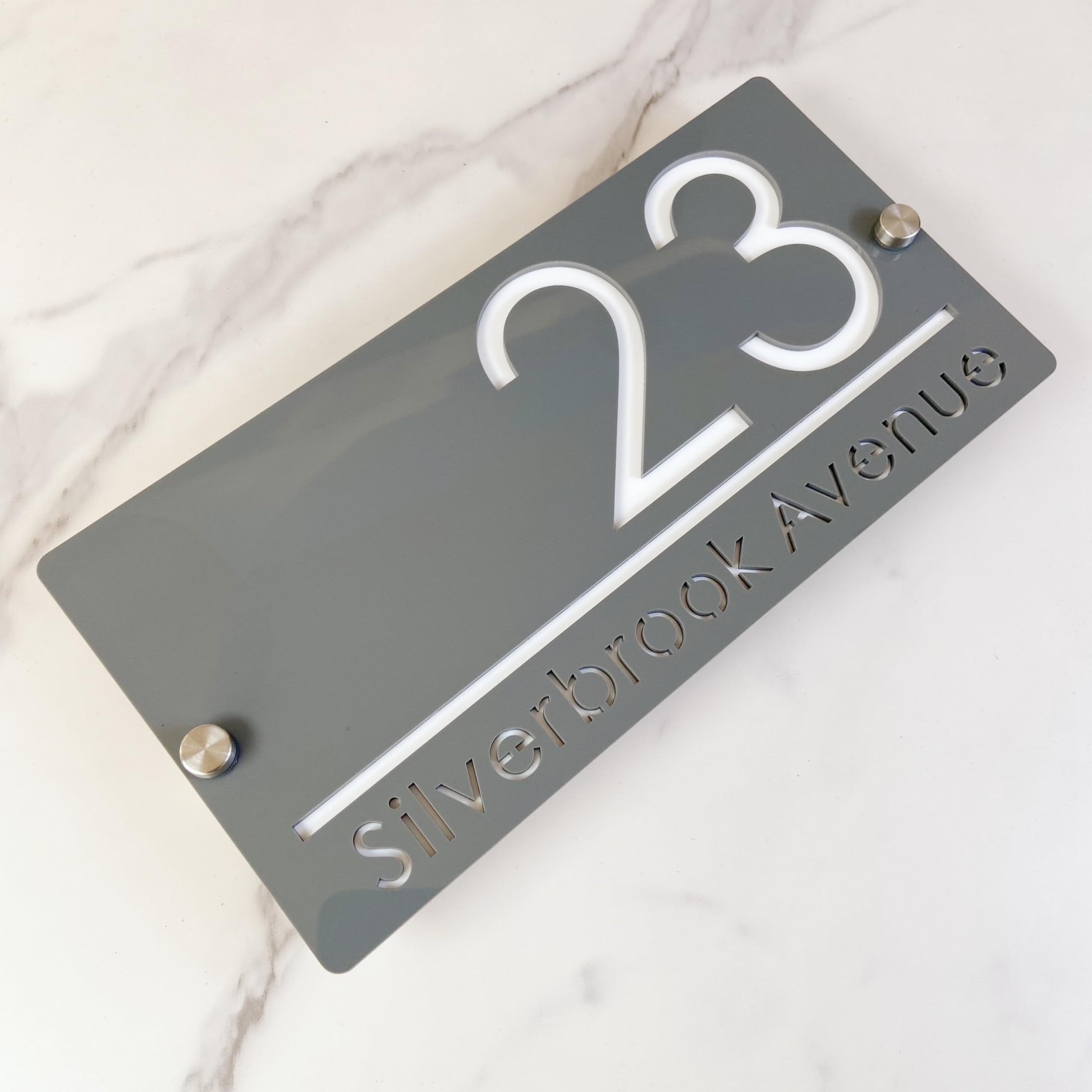 Outdoor House Number Plate, Suspended Design Custom House Number Plate, Modern Acrylic Laser Cut 3D Street Name Sign (Grey&White)