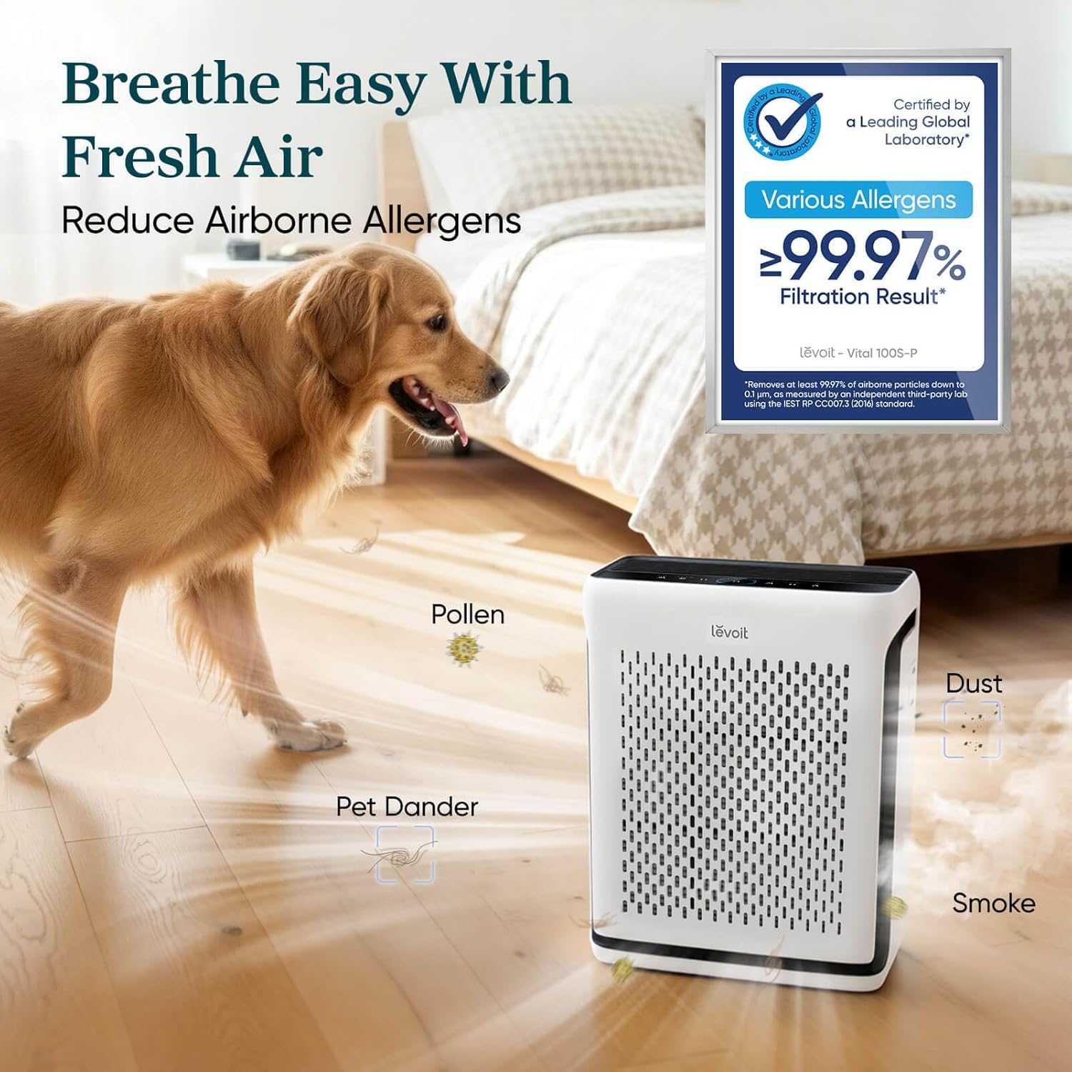 LEVOIT Air Purifier for Home Large Room Up to 1073Ft² with Air Quality Monitor, AHAM VERIFIDE, Smart WiFi, Washable Pre-Filter, HEPA Sleep Mode for Pets, Allergies, Dust, Pollen, Vital 100S-P, White - Image 2