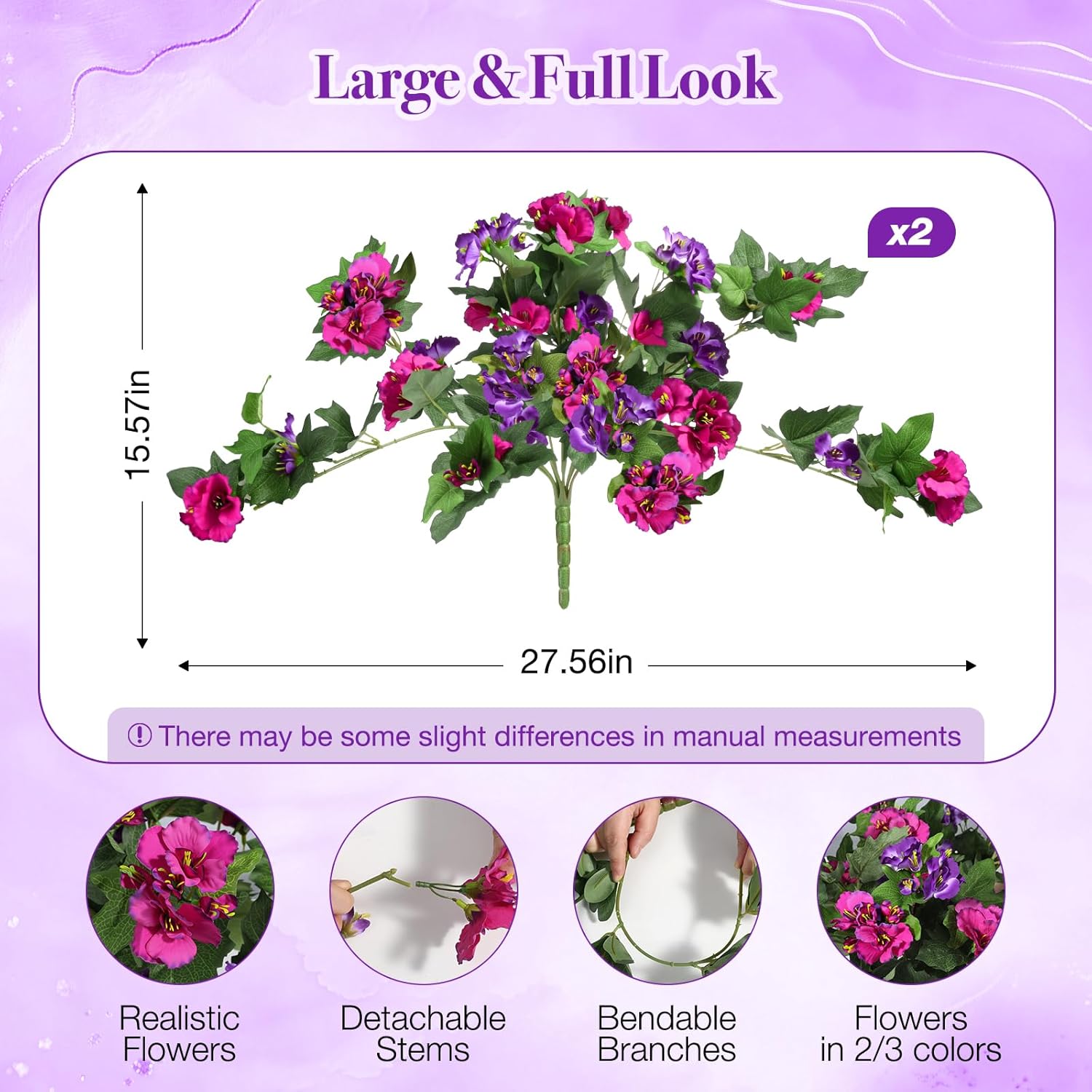 Kingsboomy Artificial Flowers for Outdoors 2pcs UV Resistant Plastic Leaves, Faux Flowers for Outdoor Planters, Silk Flowers for Outside Garden Porch Window Patio Home Decor (Purple Fuchsia Hibiscus)