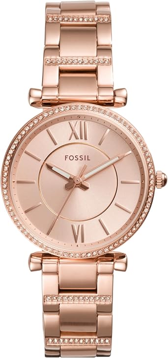Fossil Carlie Watch for Women, Rose Gold Tone Quartz Three Hand Movement with Stainless Steel Strap