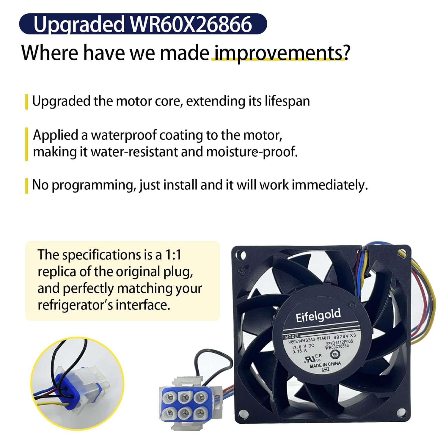 WR60X26866 Refrigerator Evaporator Fan Motor, Compatible with Various Refriegrator Models, Easy Installation, Replacement Part Replace V80E14MS2A3-57A611, WR60X10341, WR60X26033, 1 Years Warranty