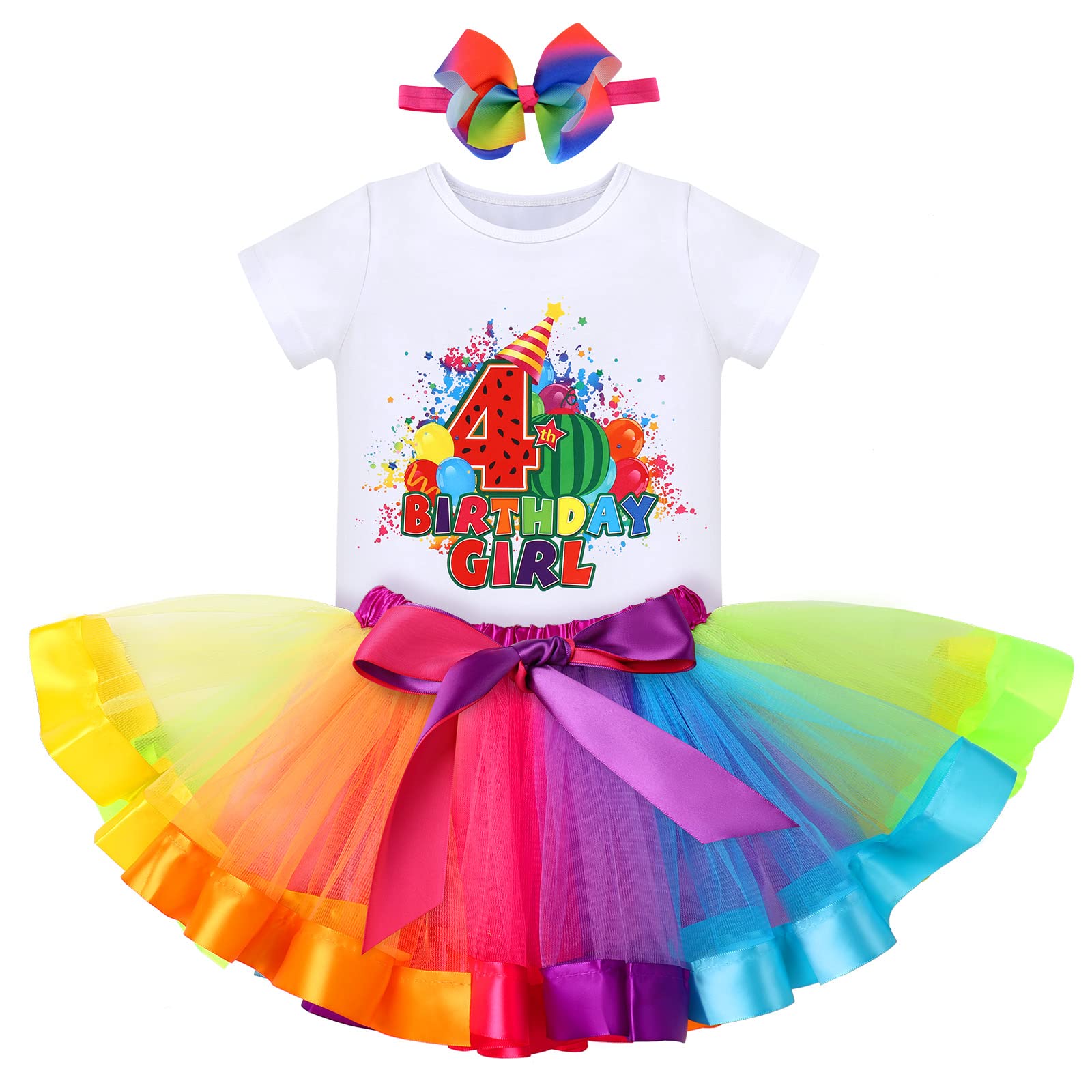 Newborn Infant Girls 1st 2nd 3rd 4th 5th Birthday Party Outfit Watermelon Themed Cotton Bodysuit + Rainbow Princess Tulle Tutu Skirt + Bowknot Headband Cake Smash Photo Props Dress for Baby Girls