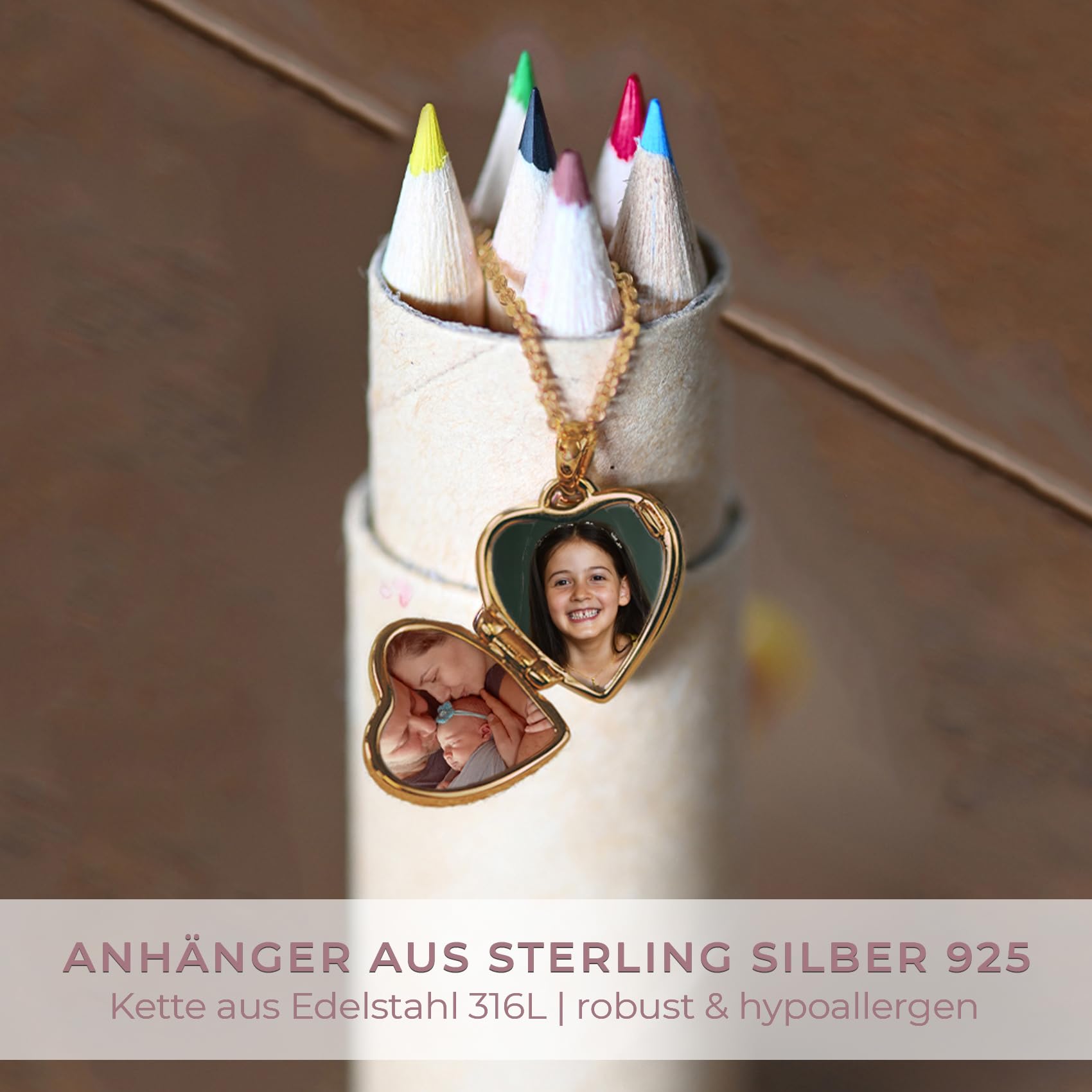 Geschenk zur Einschulung Mädchen, Kinder Herz Medaillon zum Öffnen | für Bilder Silber 925 und Gold / Rosegold vergoldet, Halskette 38cm, Foto Upload & Gravur, Schmuck Geschenke zum Schulanfang