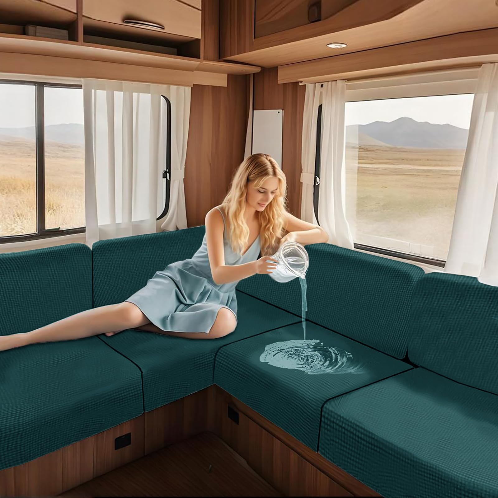 KYJSW Waterproof RV Dinette Seat Cover Backrest Cover High Stretch Double Non-Slip Washable Cushion Covers for Couch Caravan Bench (Blue green,W 50-70 cm, D 50-70 cm)